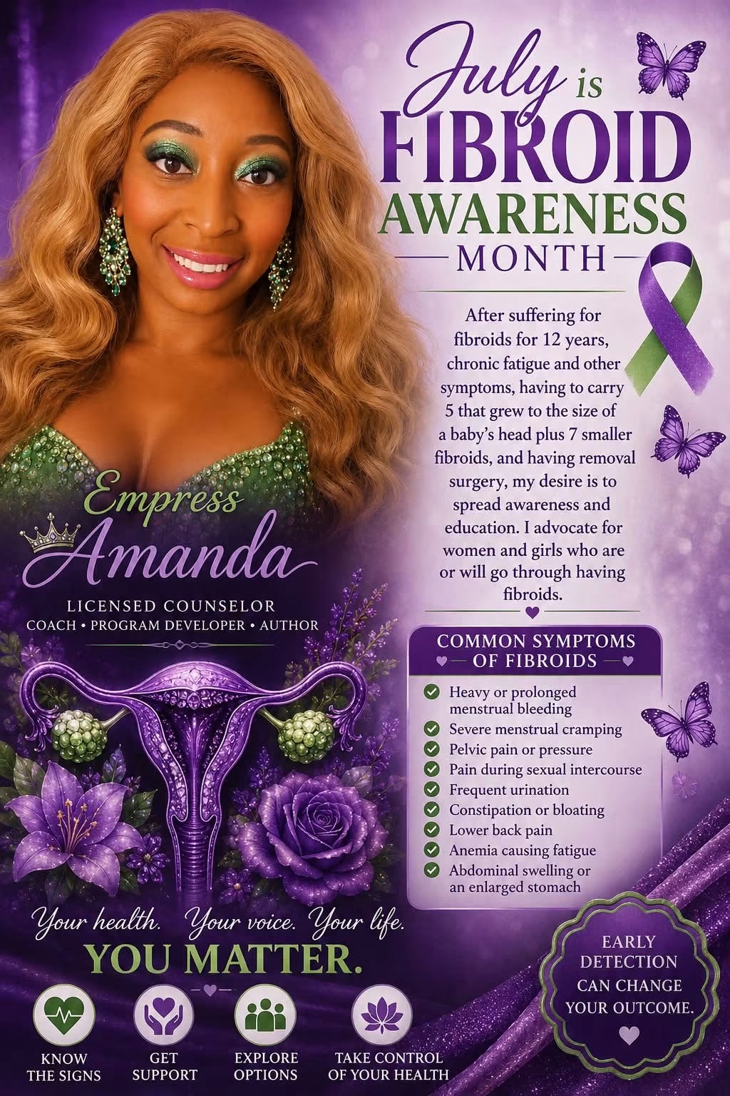 Promotional poster for July Fibroid Awareness Month featuring a smiling woman with long hair, purple and green theme, purple ribbon, and butterfly.