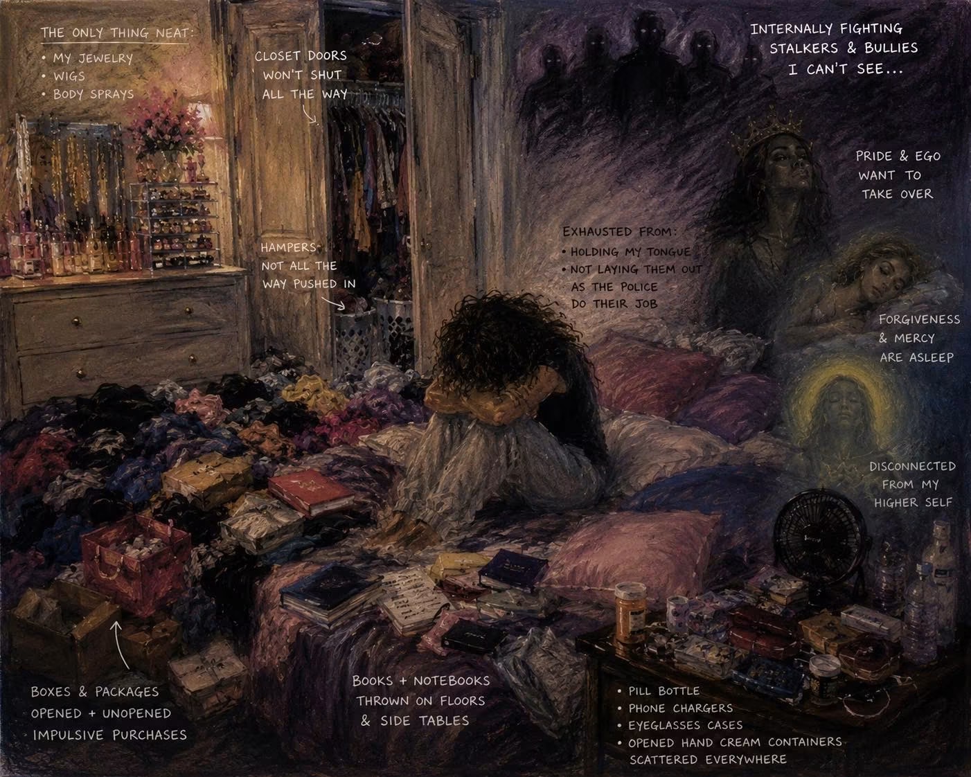 Person sitting on bed surrounded by books, with text overlay about internal struggles and desires, in a dimly lit room.