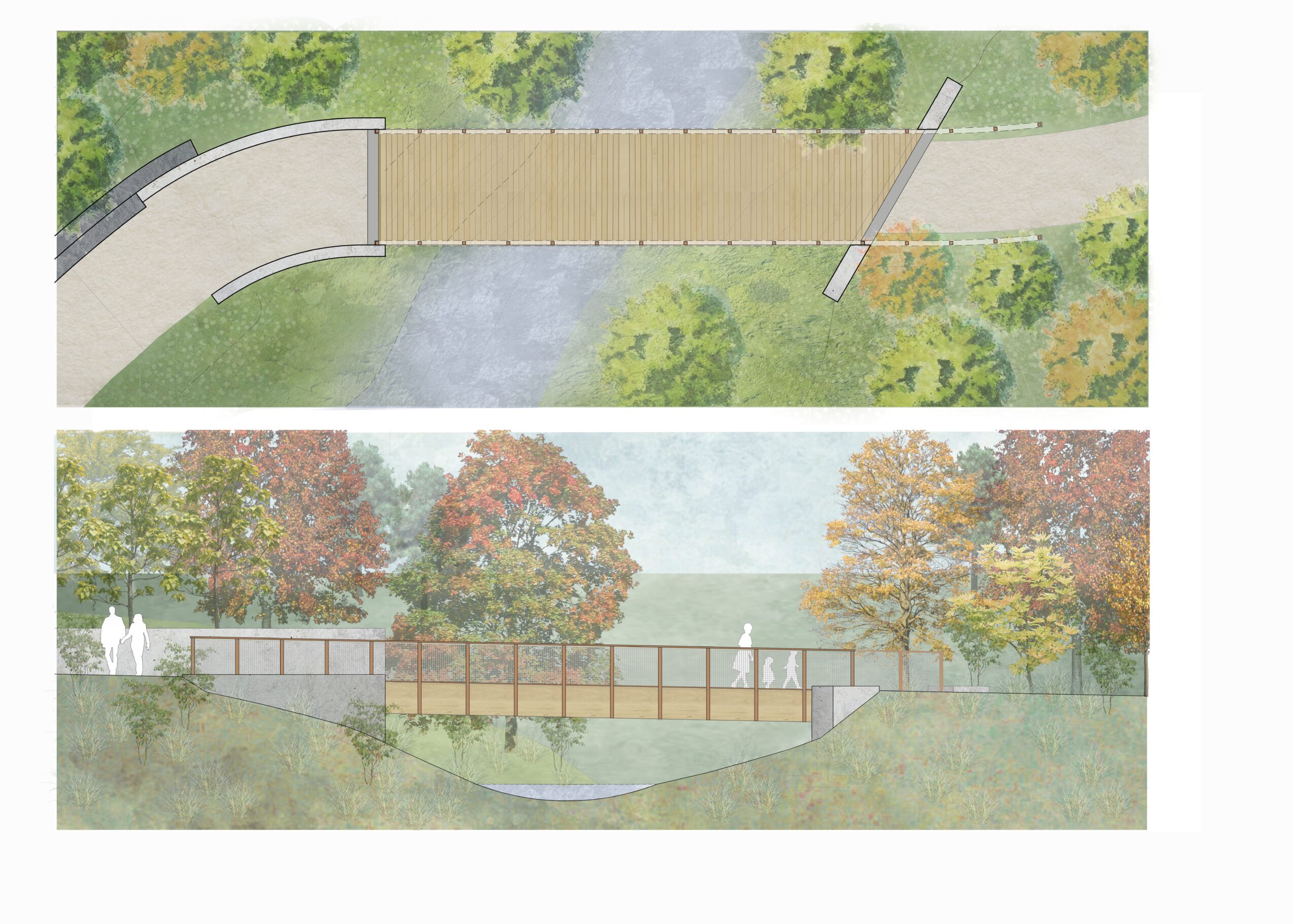 Top view of a curved wooden bridge over water, surrounded by trees; bottom view of a walkway with trees and a railing.