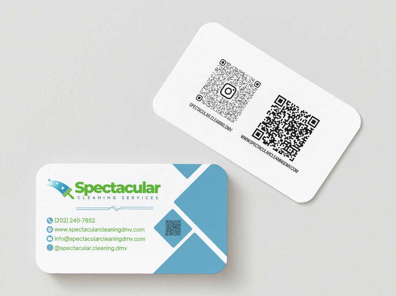 Two business cards, one with contact info and QR code, the other with a QR code, on a light background.