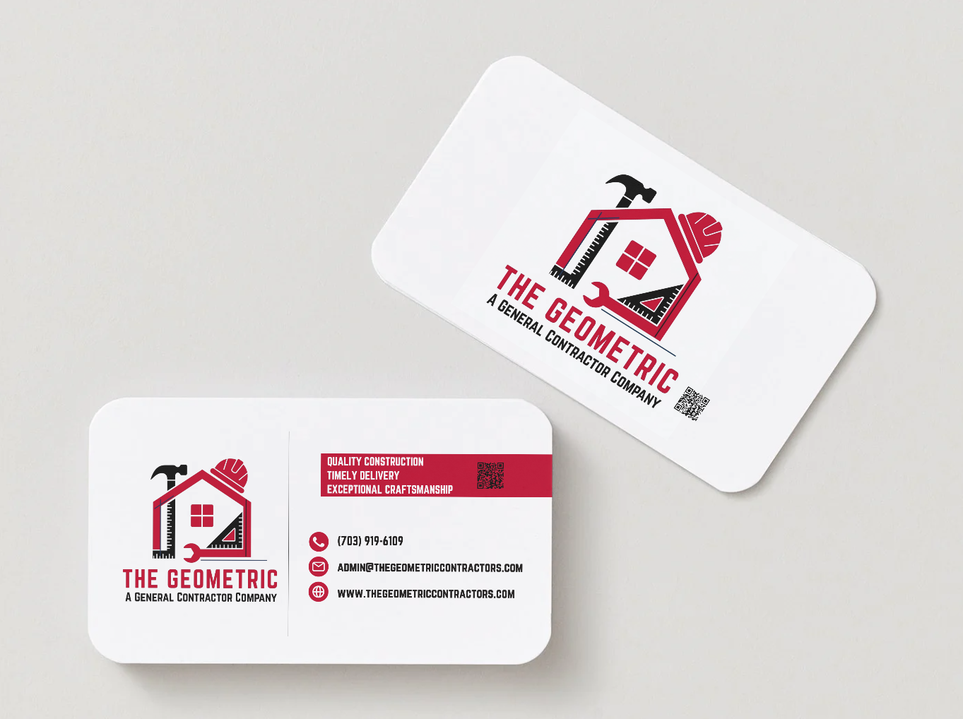Two business cards for The Geometric, a construction company, with red and black logo and contact information, on a white background.