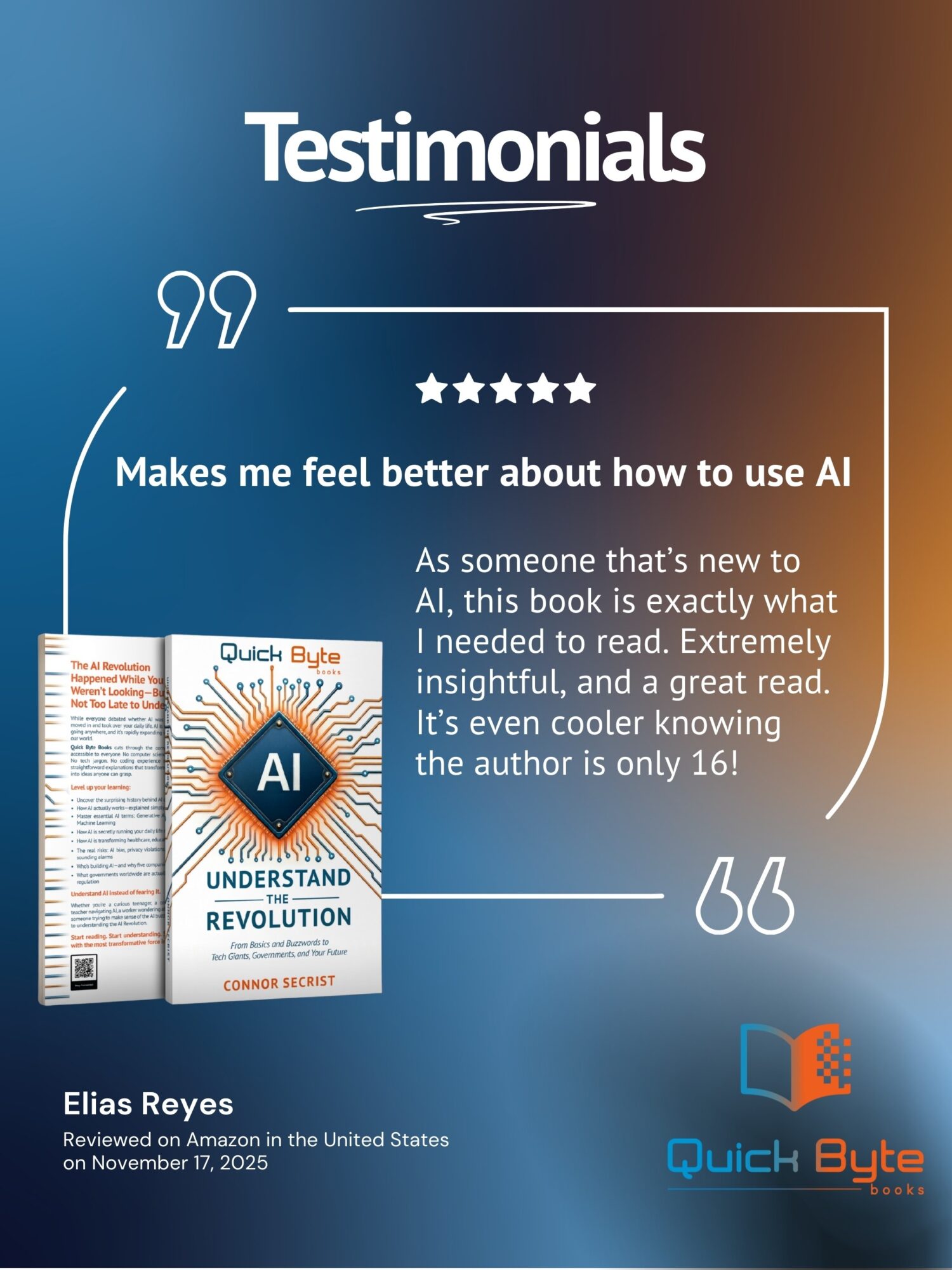Testimonial quote about AI book, five-star rating, book cover image, reviewer name Elias Reyes, review date November 17, 2023, Quick Byte logo.