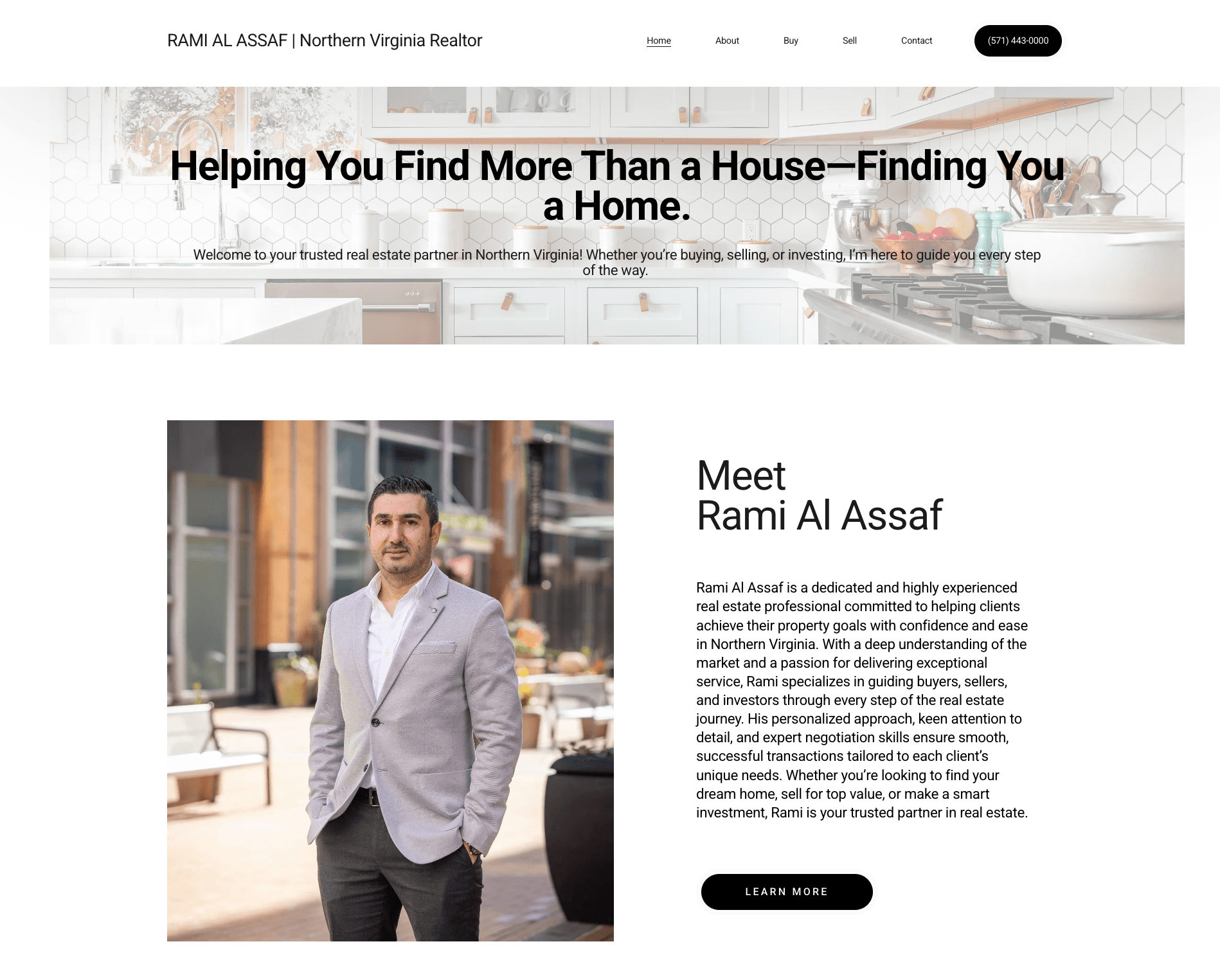 Webpage header with text about helping find a home, and a photo of a man in a suit standing outdoors.