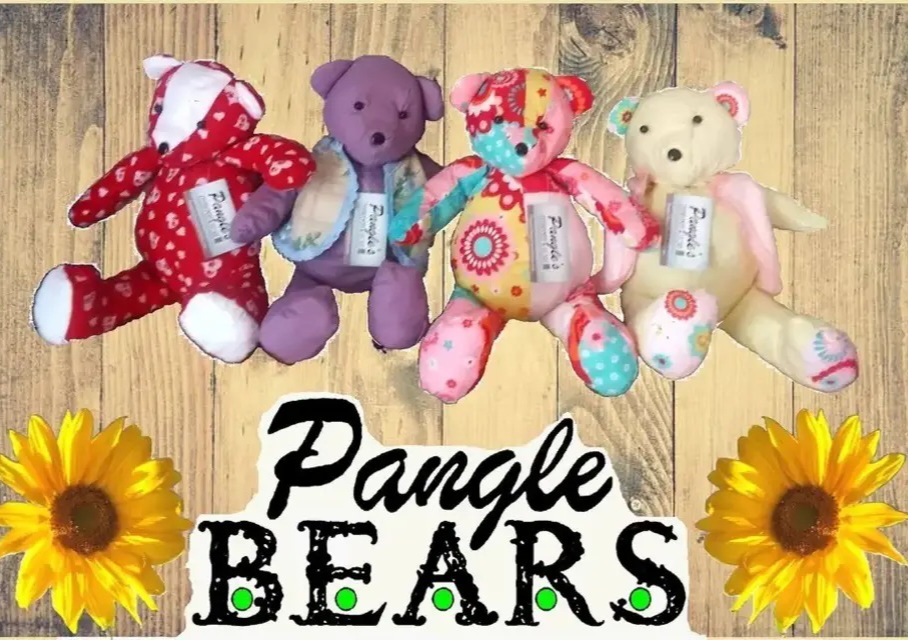 Four colorful teddy bears on a wooden surface with two sunflowers and the words 'Pangle Bears' below.