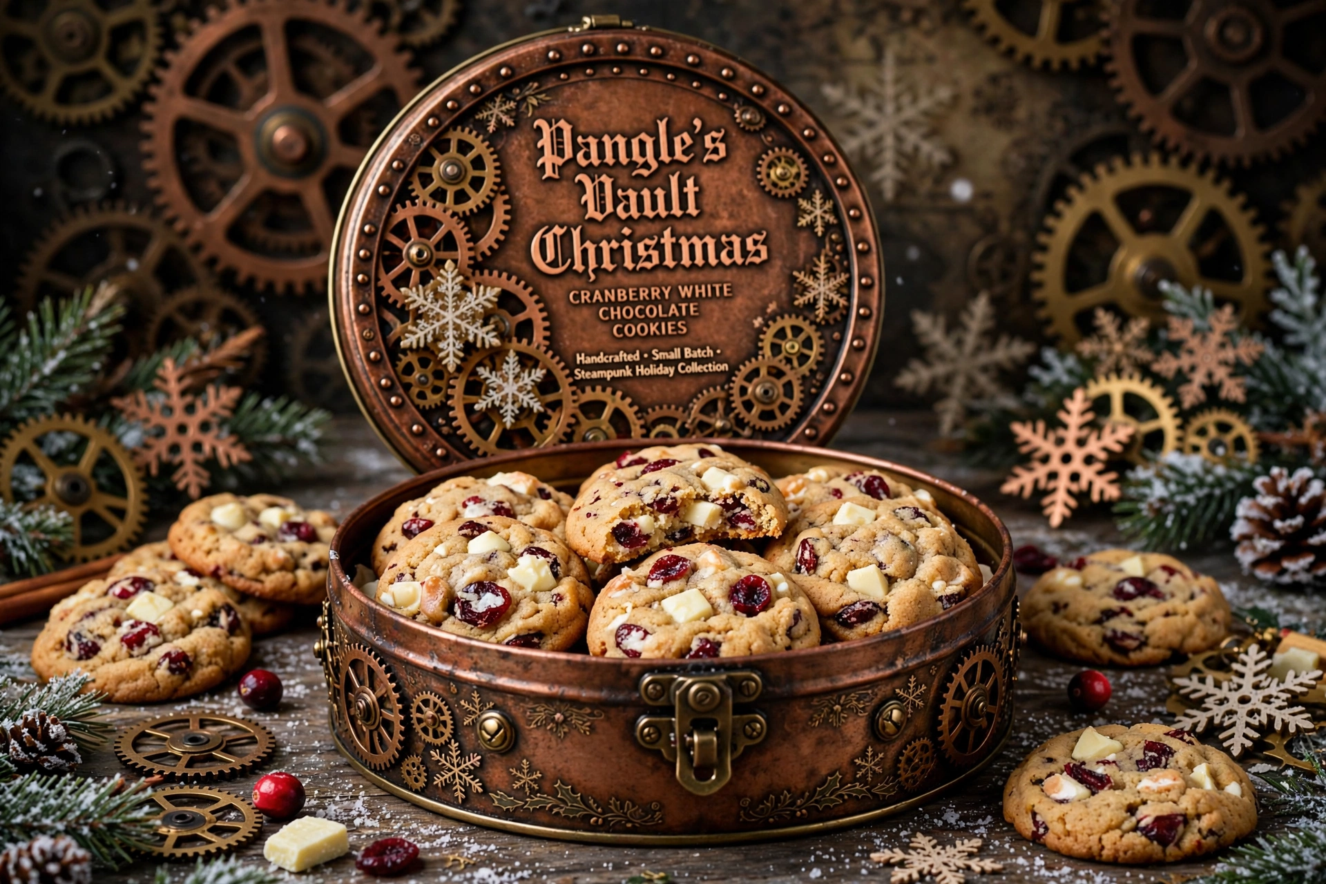 Round tin filled with chocolate chip cookies, surrounded by snowflake decorations and berries, with a festive sign in the background.
