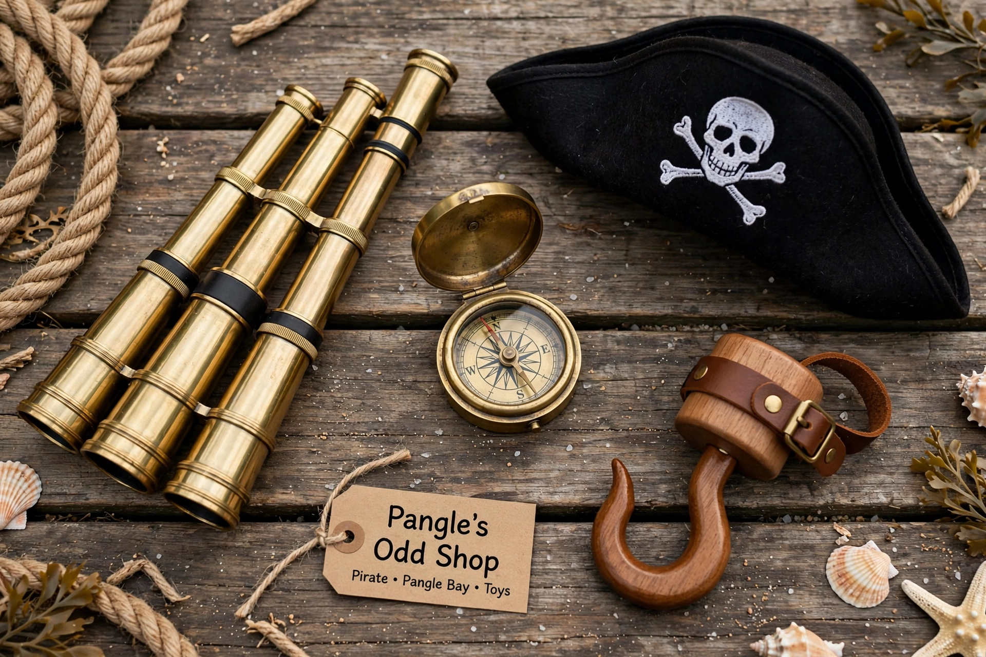 Binoculars, a compass, a skull and crossbones pouch, a leather strap, a starfish, and a tag reading 'Pangle's Odd Shop' on wooden surface.
