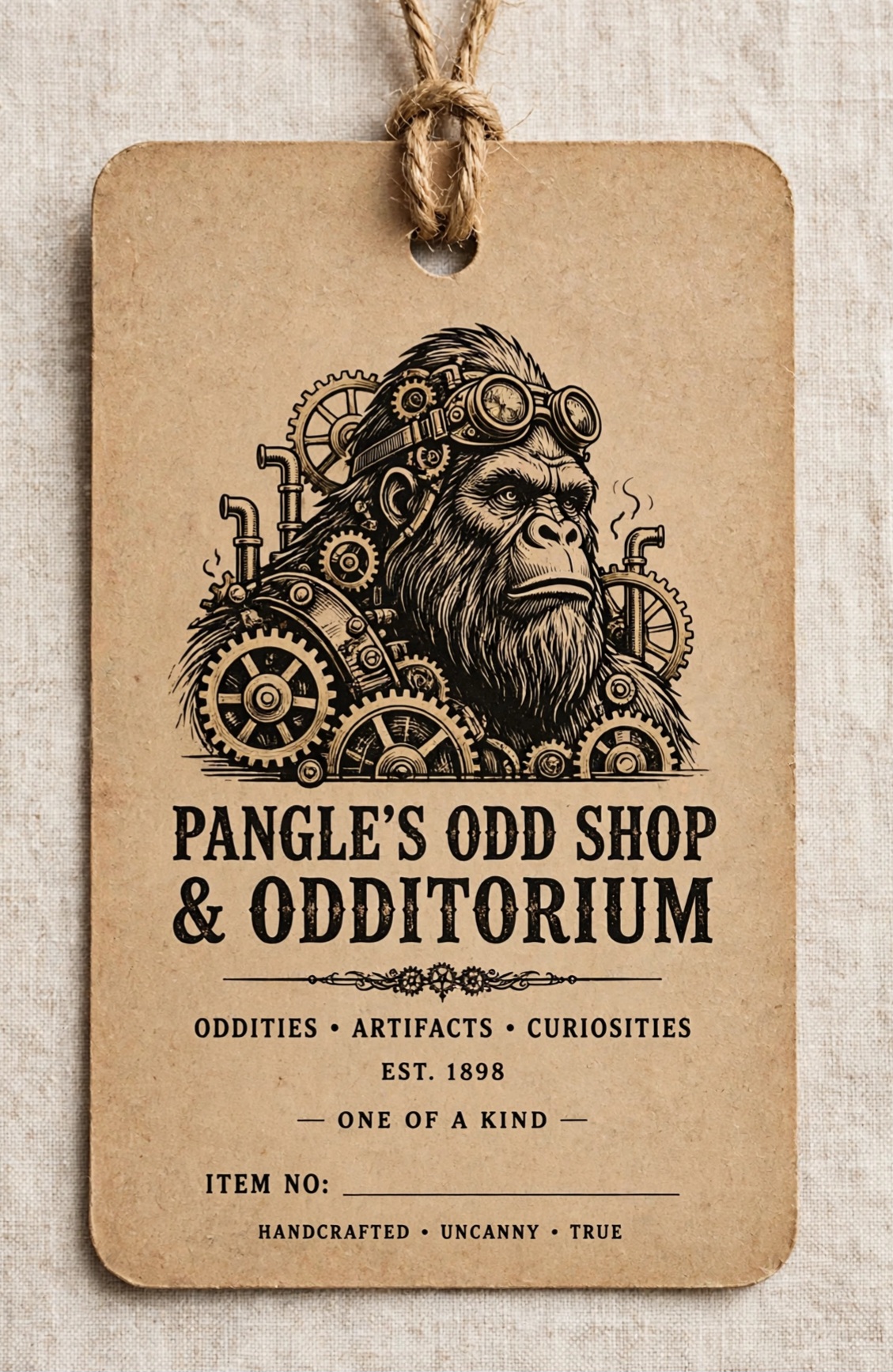 Illustration of a bearded man with goggles and mechanical gears, on a brown tag with shop information, 20 words.