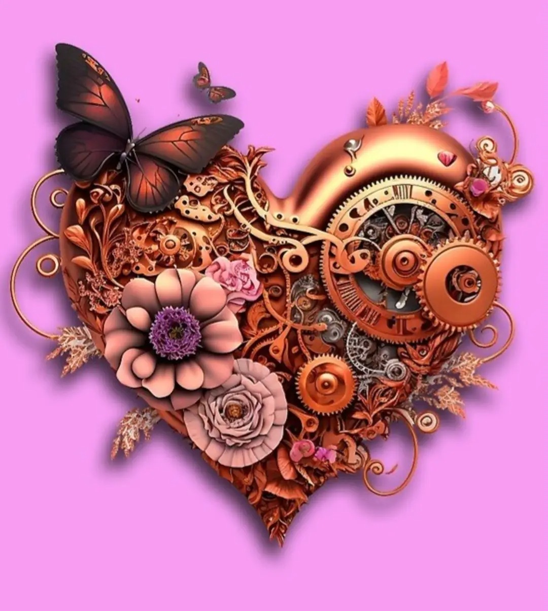 Heart-shaped steampunk design with gears, flowers, and butterflies on a pink background.