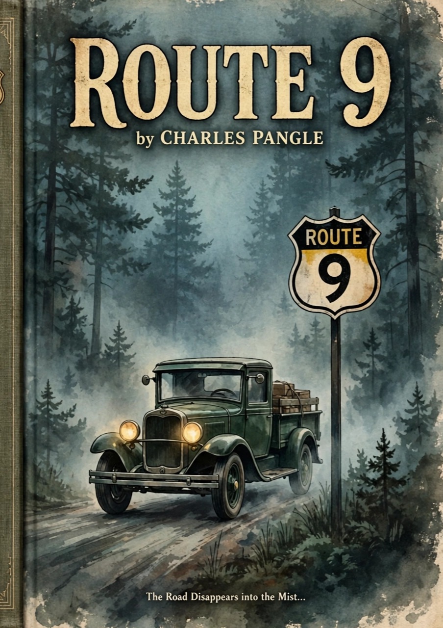 Book cover titled 'ROUTE 9' by Charles Pangle, featuring an old truck on a forest road with a Route 9 sign, misty background.