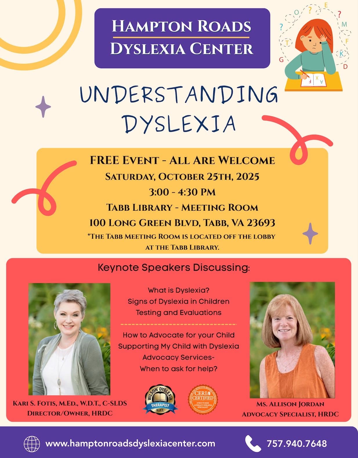 Flyer for Hampton Roads Dyslexia Center event with text, a woman, and a child reading, and event details.