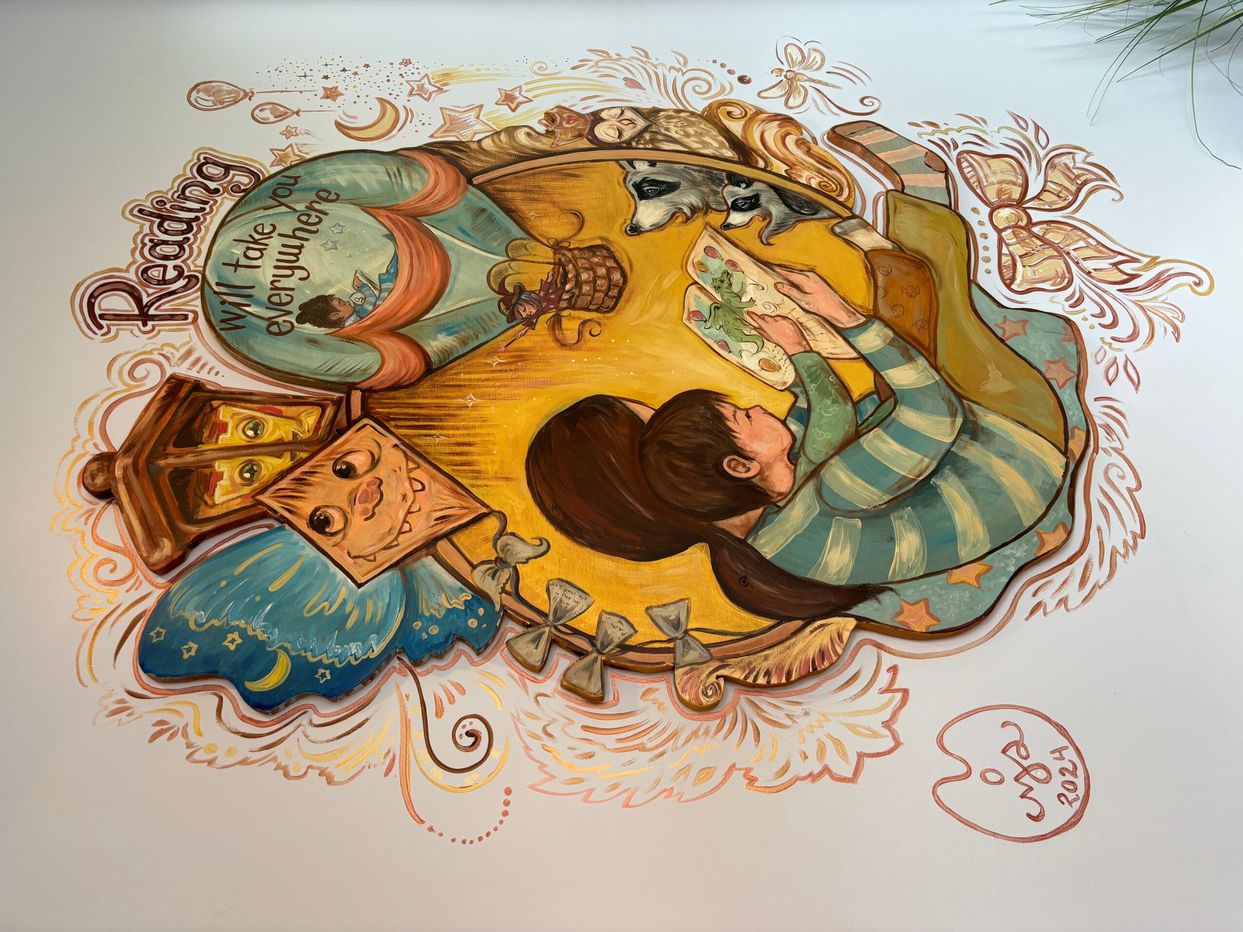 Illustration of a girl reading a book, surrounded by decorative elements and a speech bubble with text.