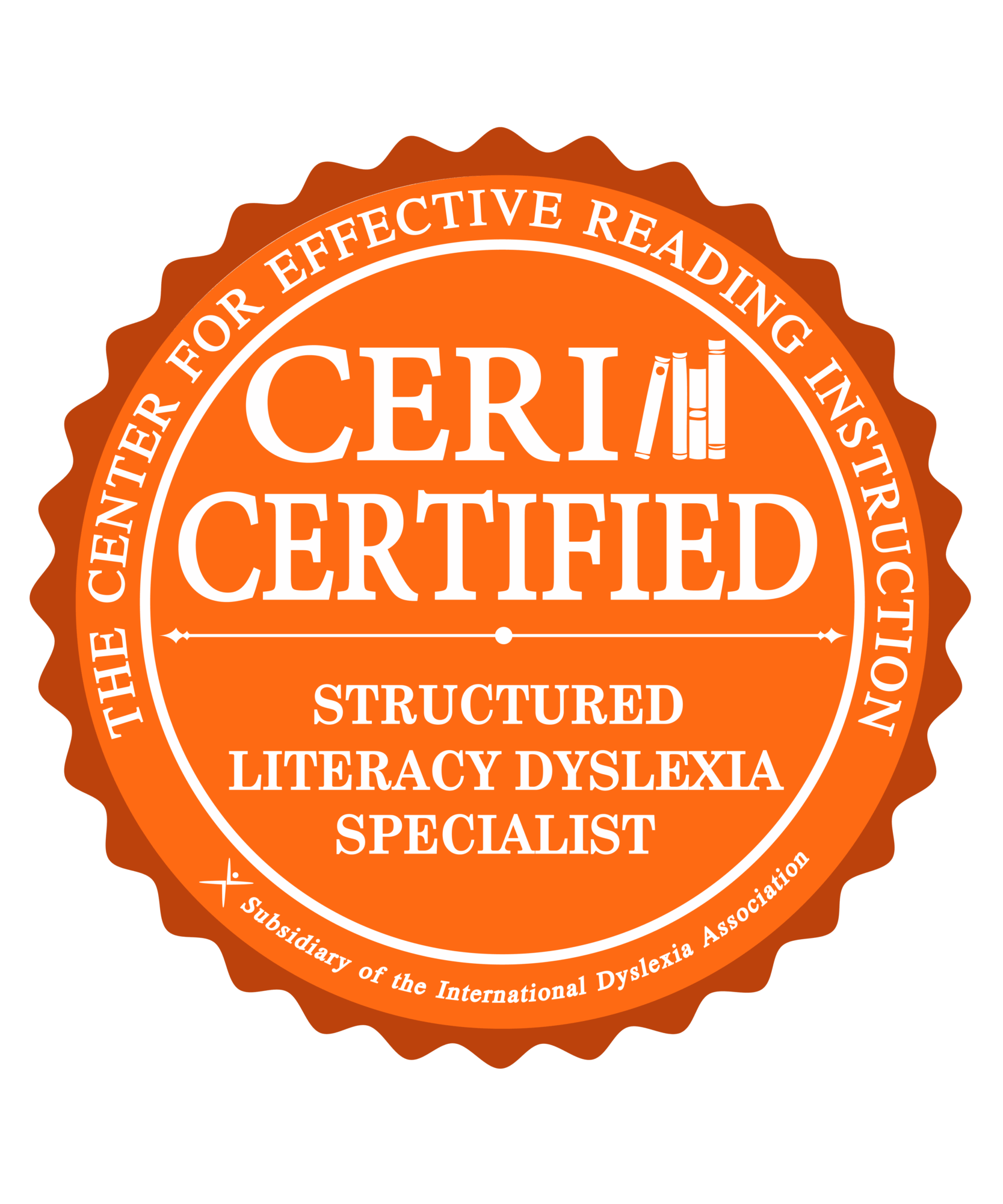 Orange certification badge with white text and a book icon, indicating literacy dyslexia specialist certification.