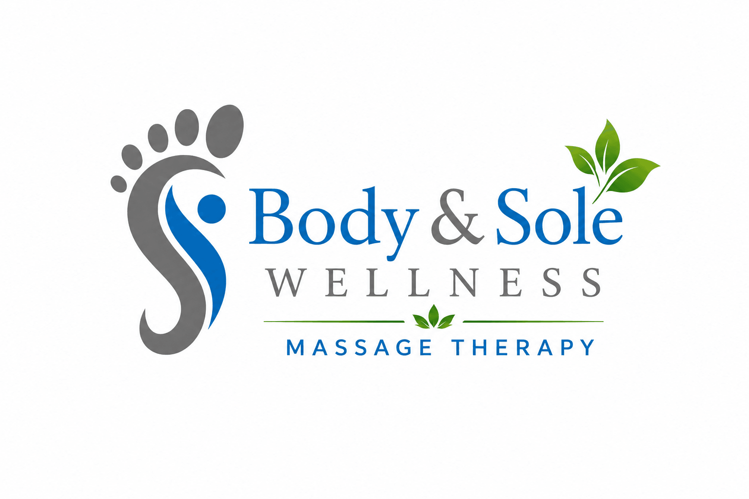 Logo with a stylized foot and leaf, text reads 'Body & Sole Wellness Massage Therapy', with green leaves and blue accents.