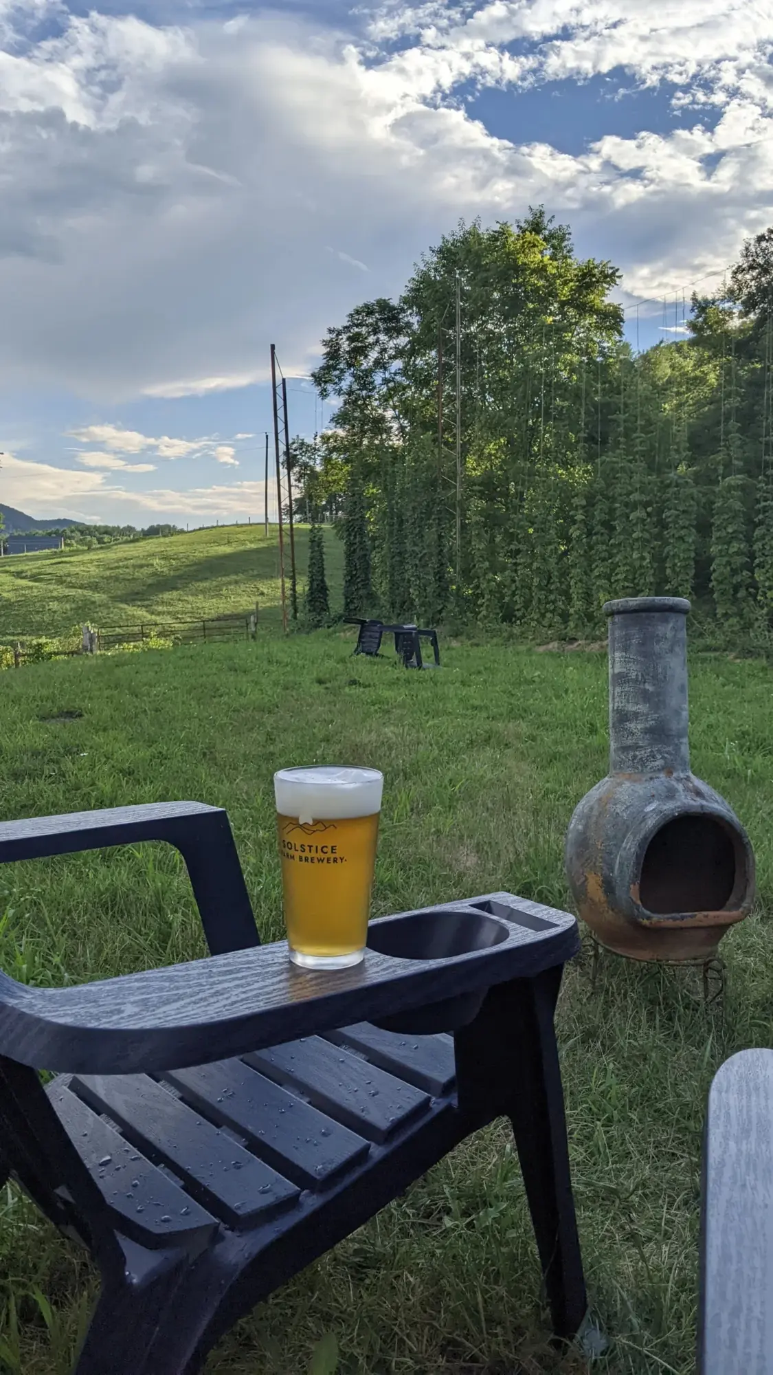 Outdoor scene with a black chair, a glass of beer, a chiminea, green grass, trees, and a cloudy sky.