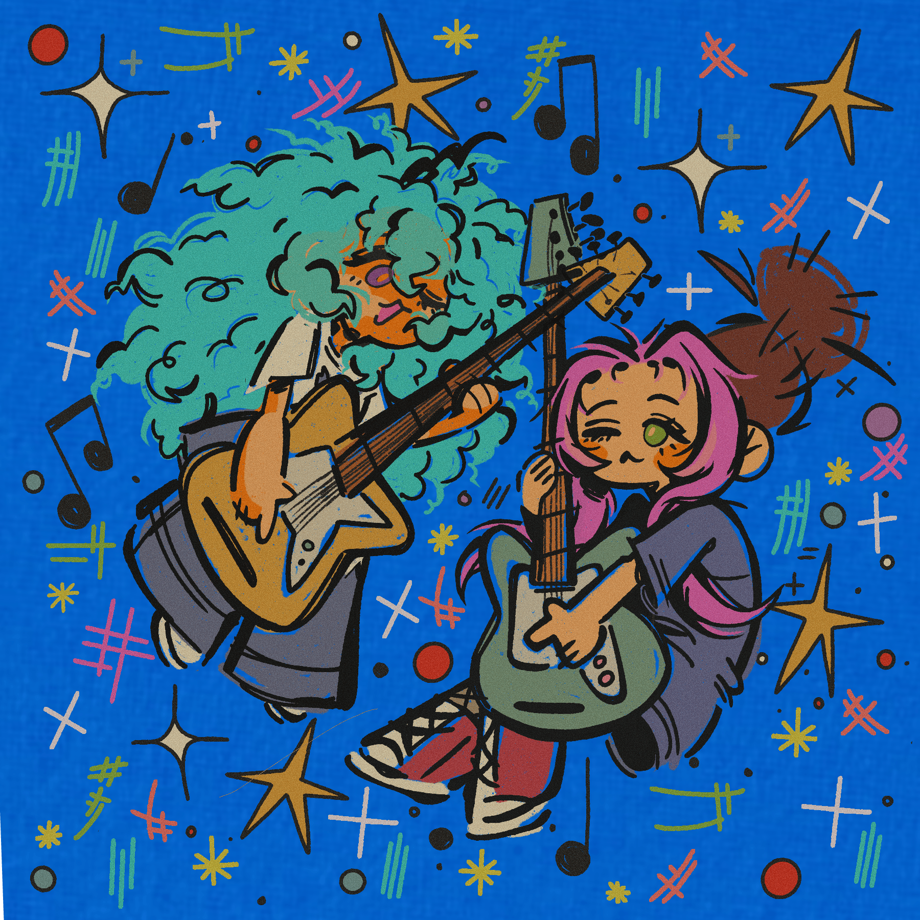 Two animated characters, one with curly blue hair playing guitar, and another with pink hair holding a bass guitar, surrounded by colorful stars and musical notes.