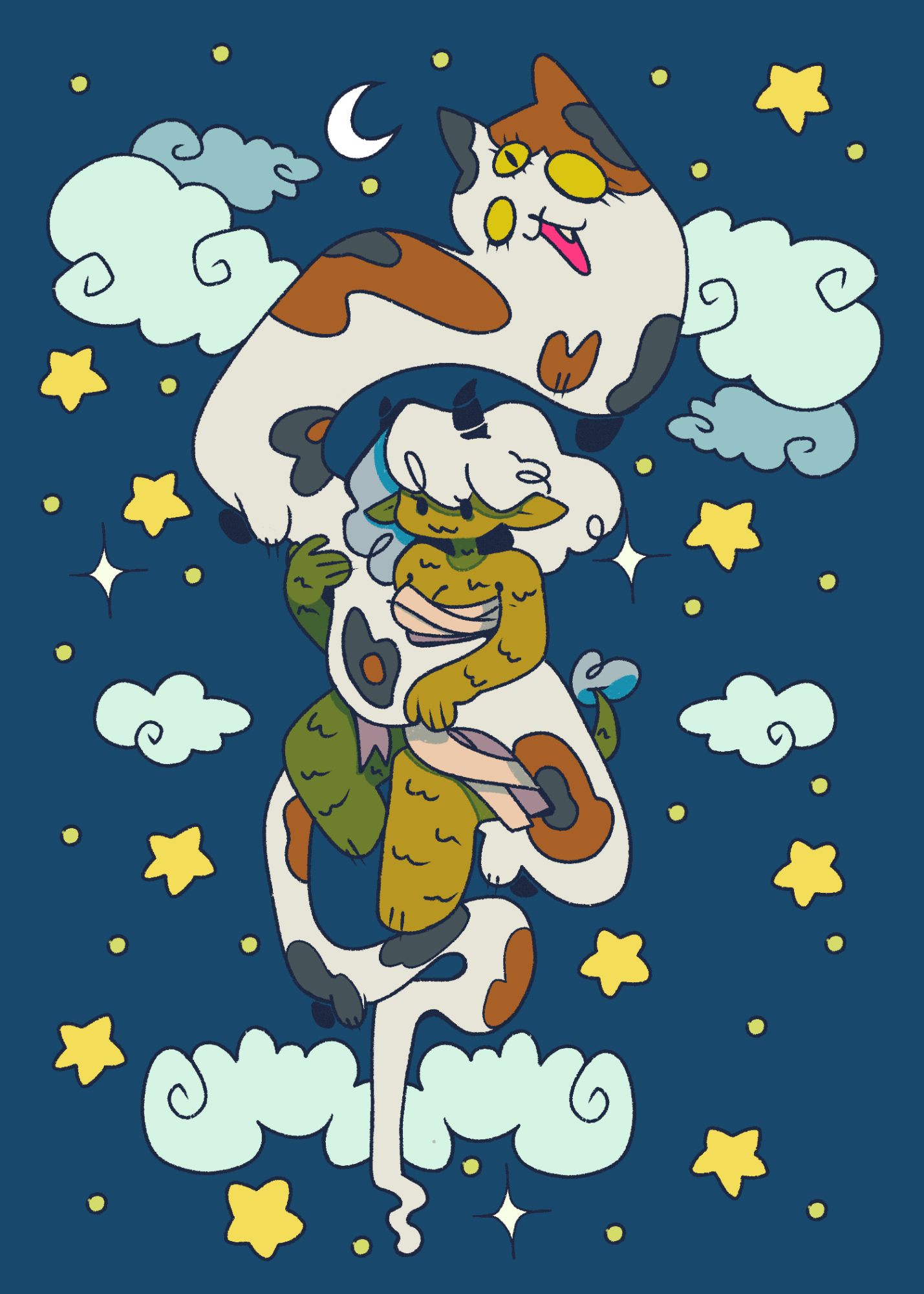 Three cartoon animals floating among clouds and stars at night, with a moon in the background.
