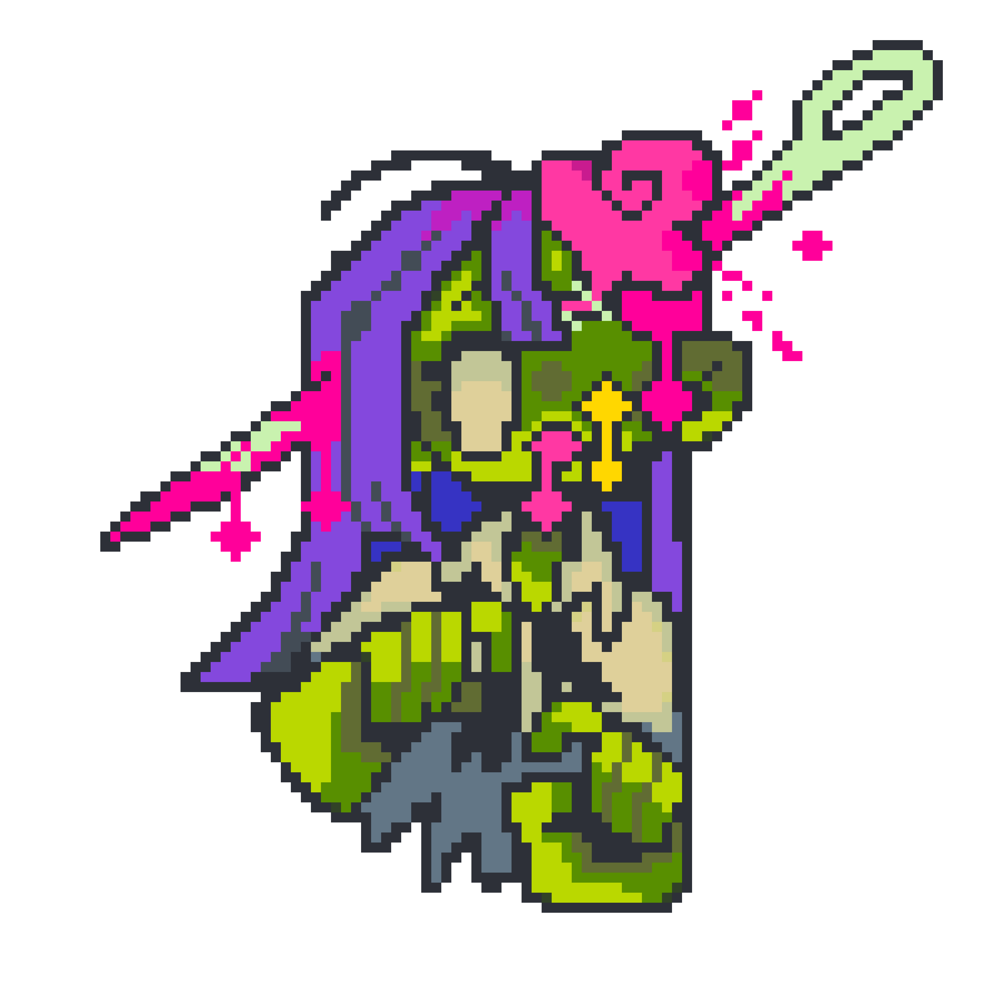 Pixel art character with purple hair, green skin, and a pink creature on head, holding a sword, on black background.