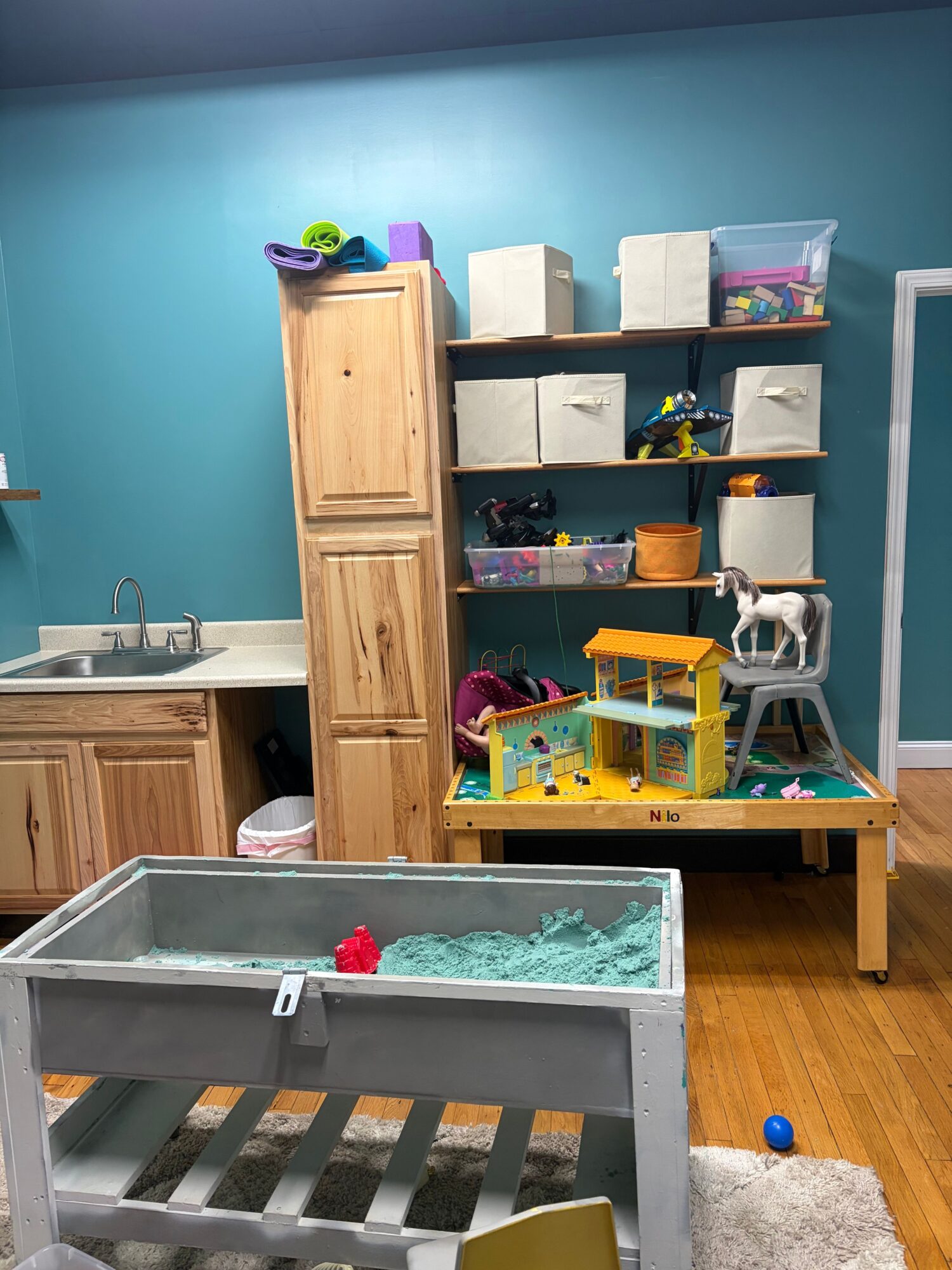 Children's play area with shelves, a wooden cabinet, and a play kitchen set against a teal wall.
