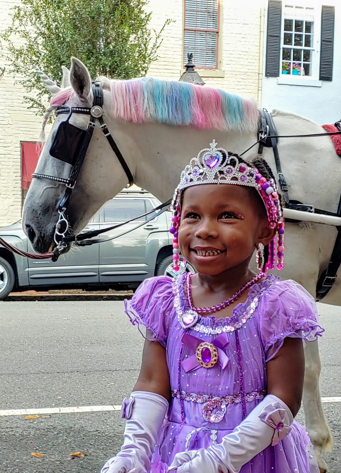 Young girl in a purple dress and tiara smiling, standing in front of a decorated horse with a rainbow mane.