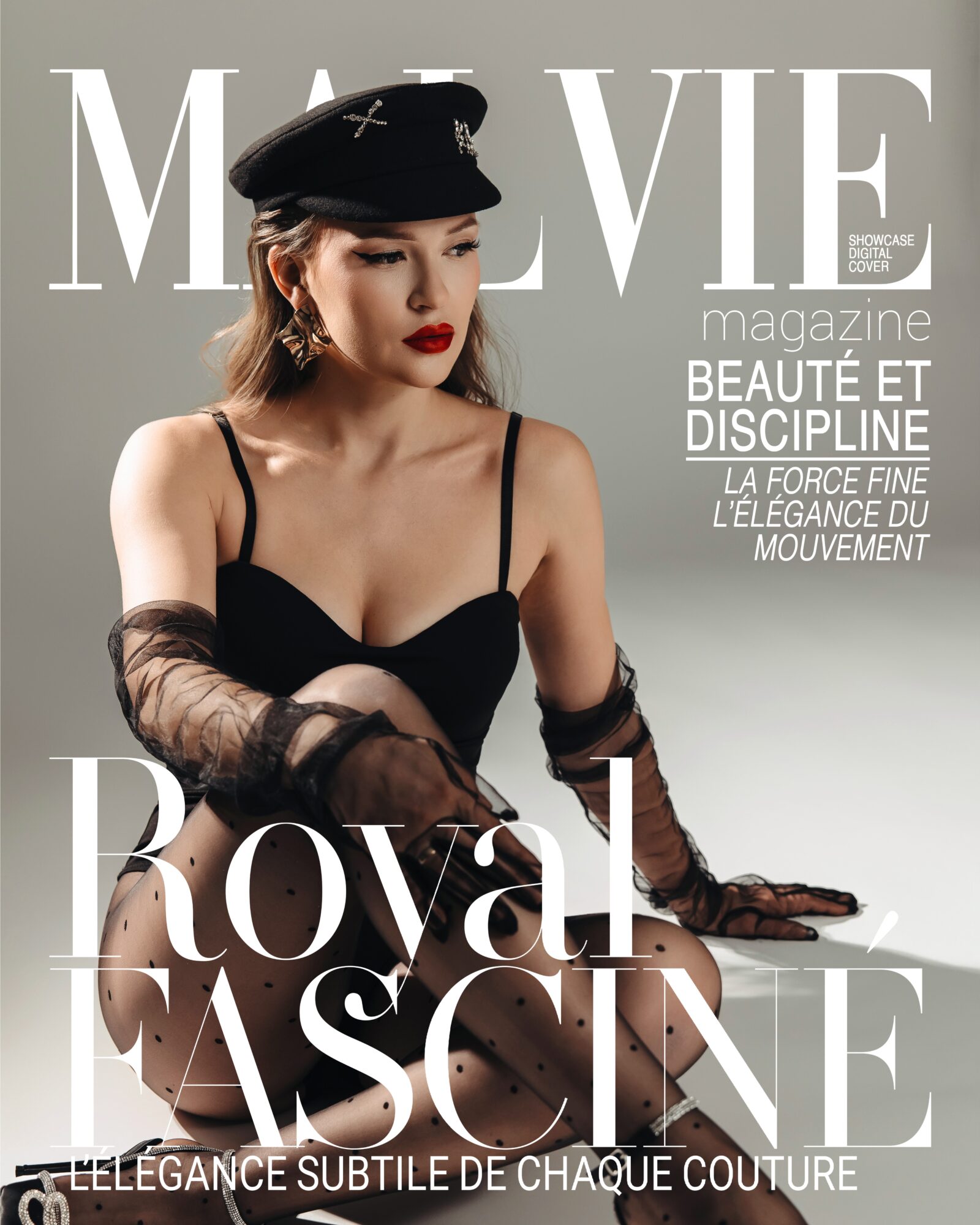 Woman in black outfit with hat, gloves, and makeup, posing on magazine cover, text includes 'Melvie' and 'Royal Fascine'.