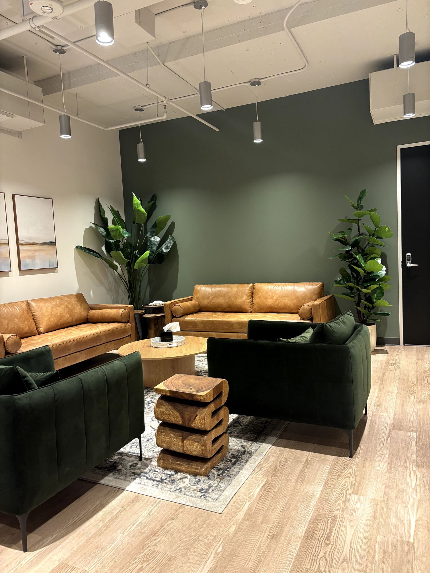 Seating area with three sofas, a small wooden table, and potted plants against a green wall, with ceiling lights and wooden flooring.
