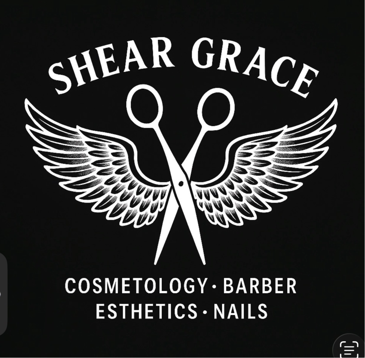 Logo with scissors and wings, text reads 'Shear Grace' and services like cosmetology, barber, esthetics, nails.