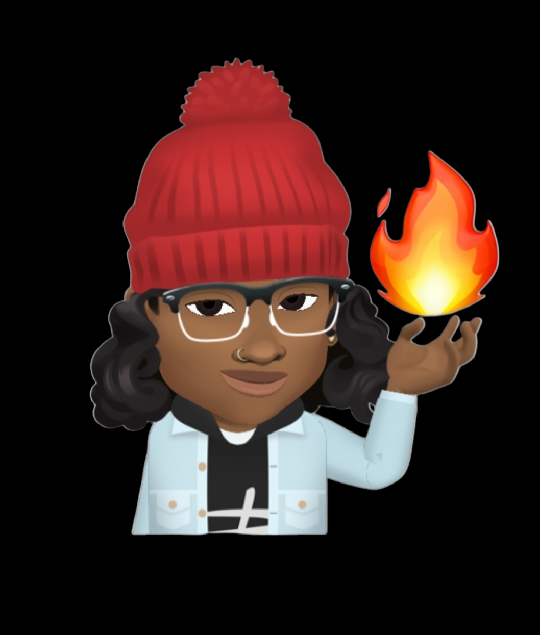 Cartoon person with glasses, red beanie, white jacket, holding a flame in hand, against a black background.