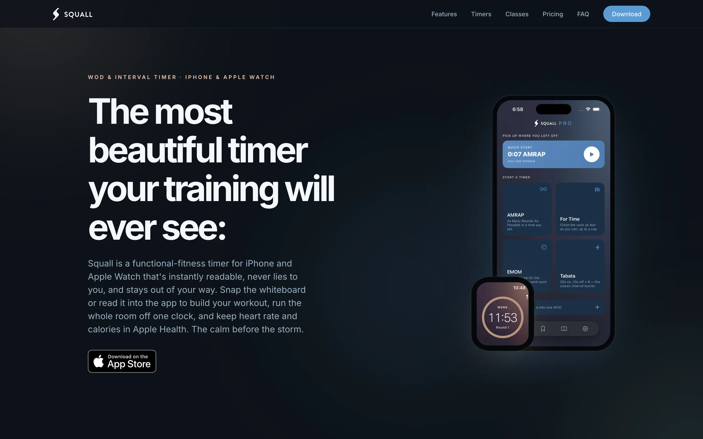 Dark background with a smartphone displaying a timer app and a smartwatch showing a timer, promotional text about a training timer app.