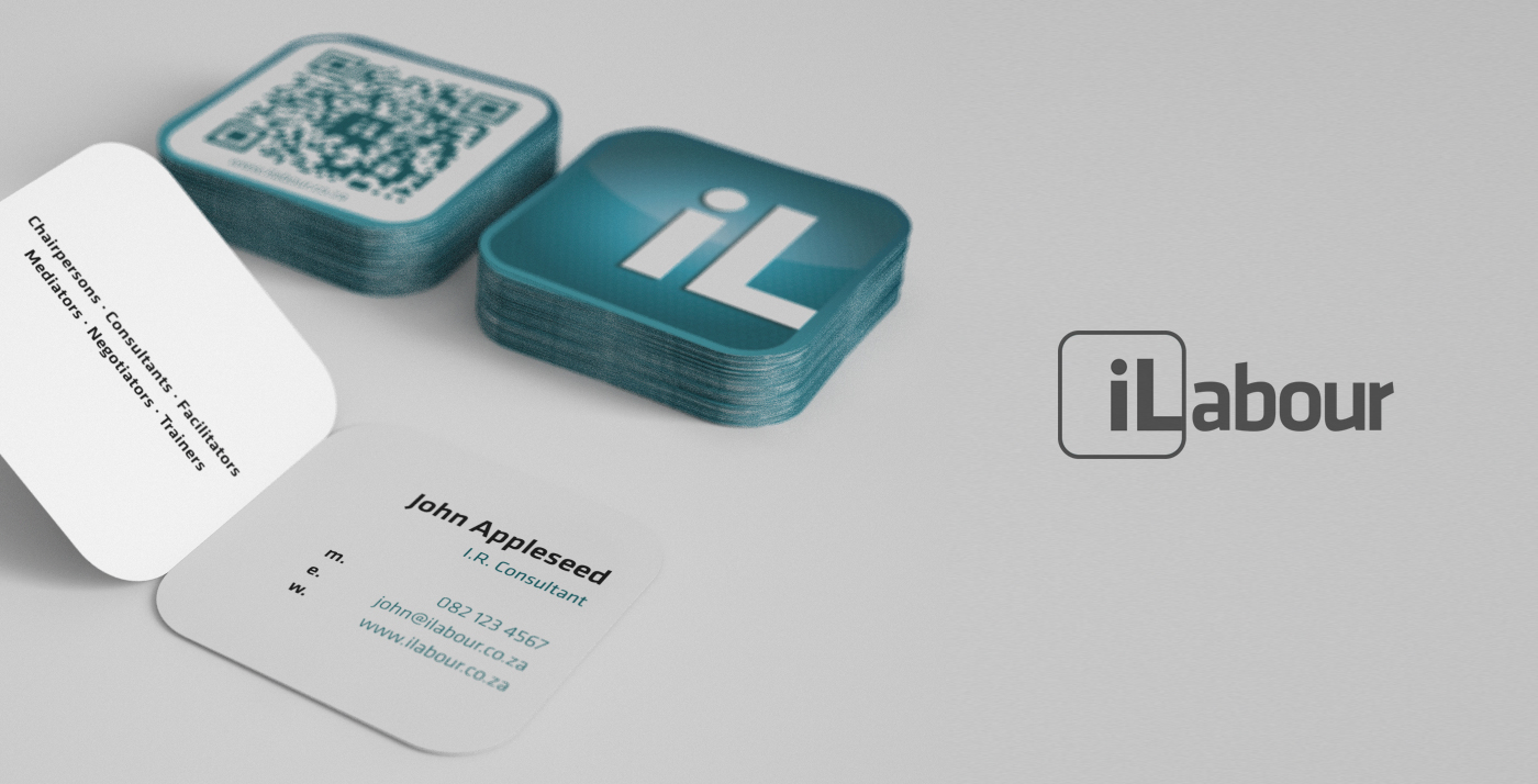 Stack of business cards with QR code, logo, and text, and a card with contact details, on a gray background.
