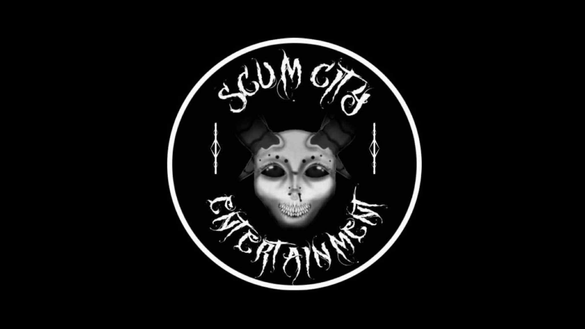 A circular logo with a clown face, text reading 'Scum City Entertainment,' and decorative elements on a black background.