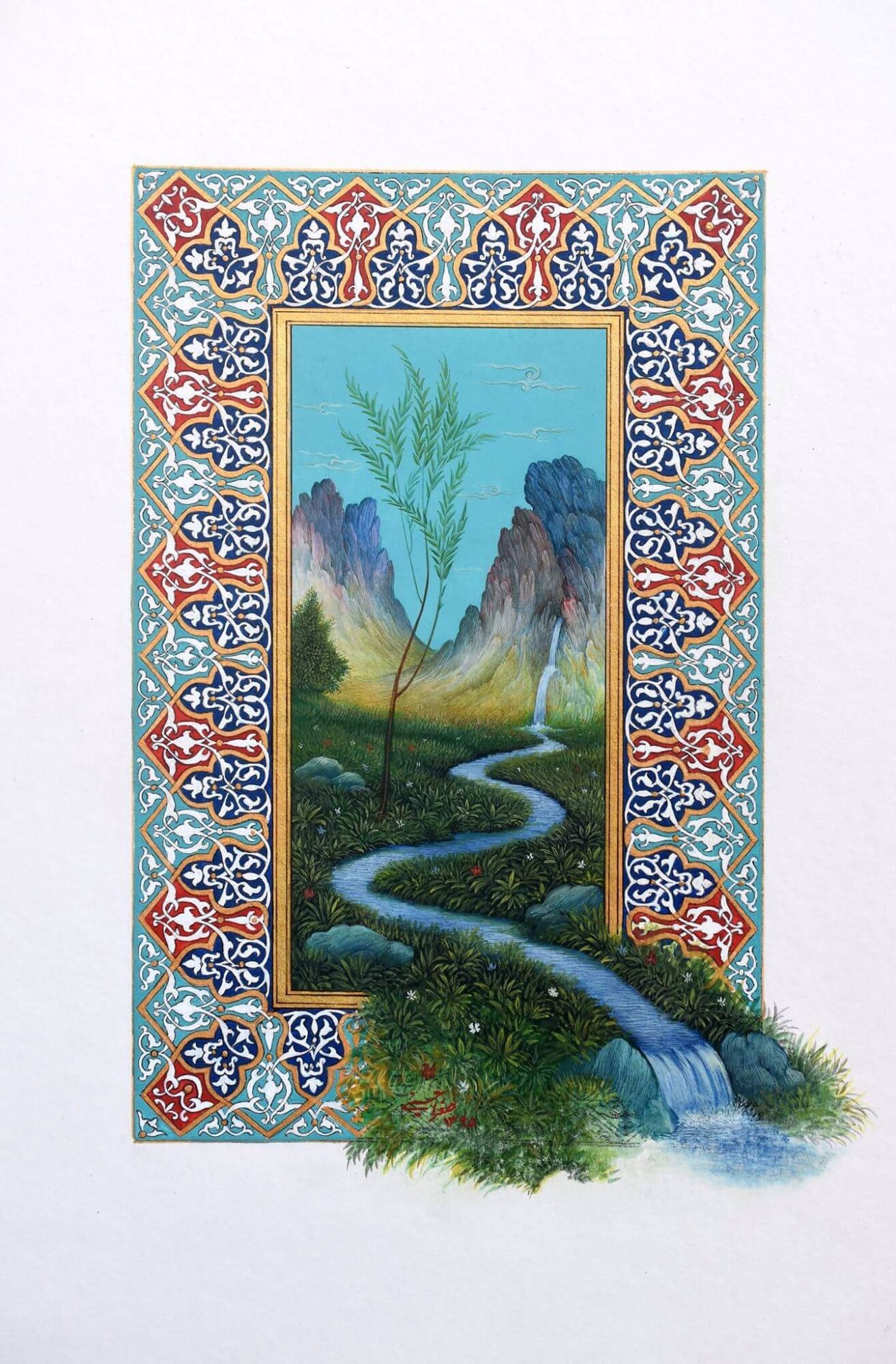 A landscape with mountains, a winding river, and a waterfall, framed by an ornate, colorful border.
