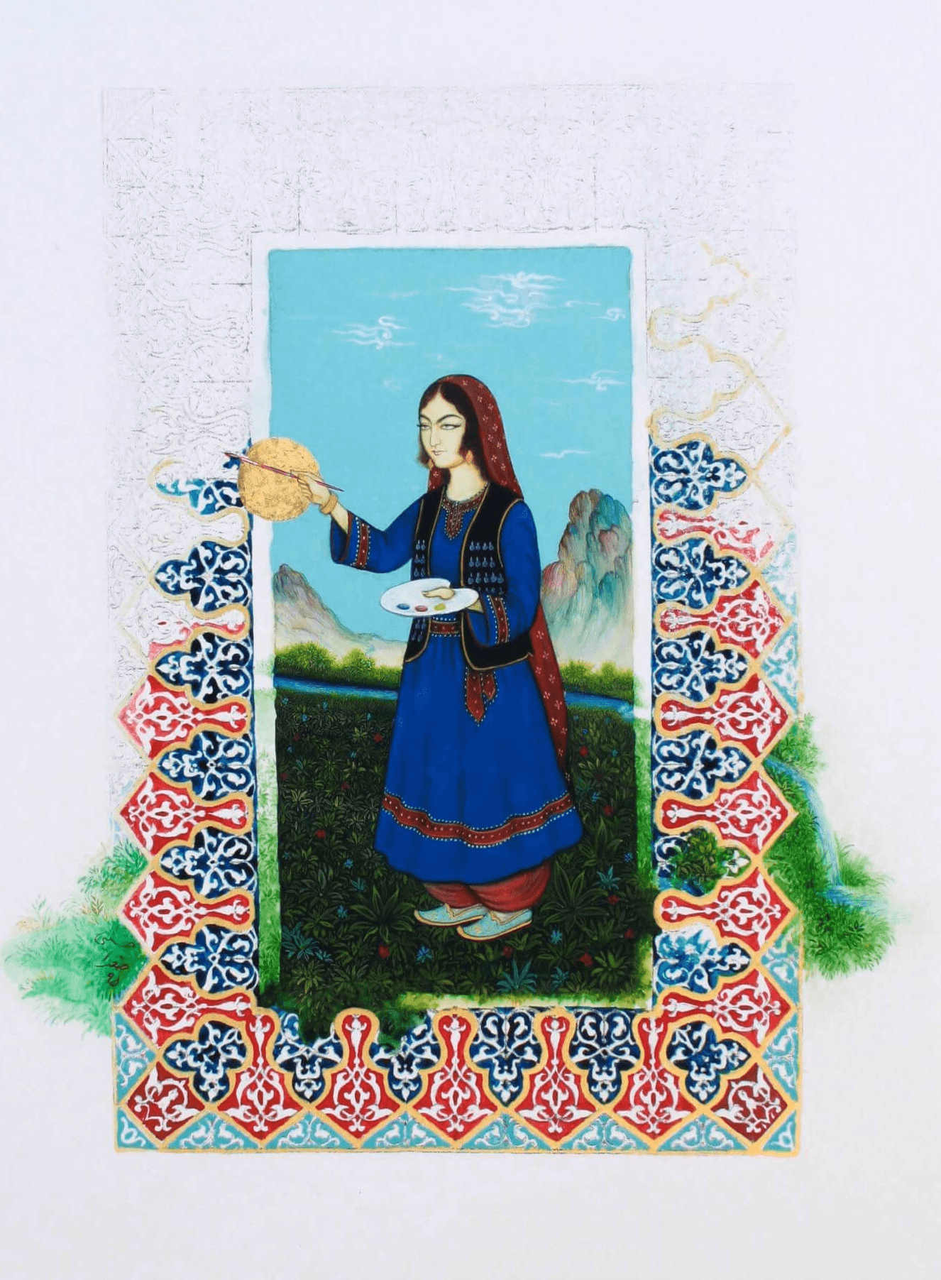 A woman in traditional clothing holding a plate and a spoon, standing outdoors with mountains and sky in background.