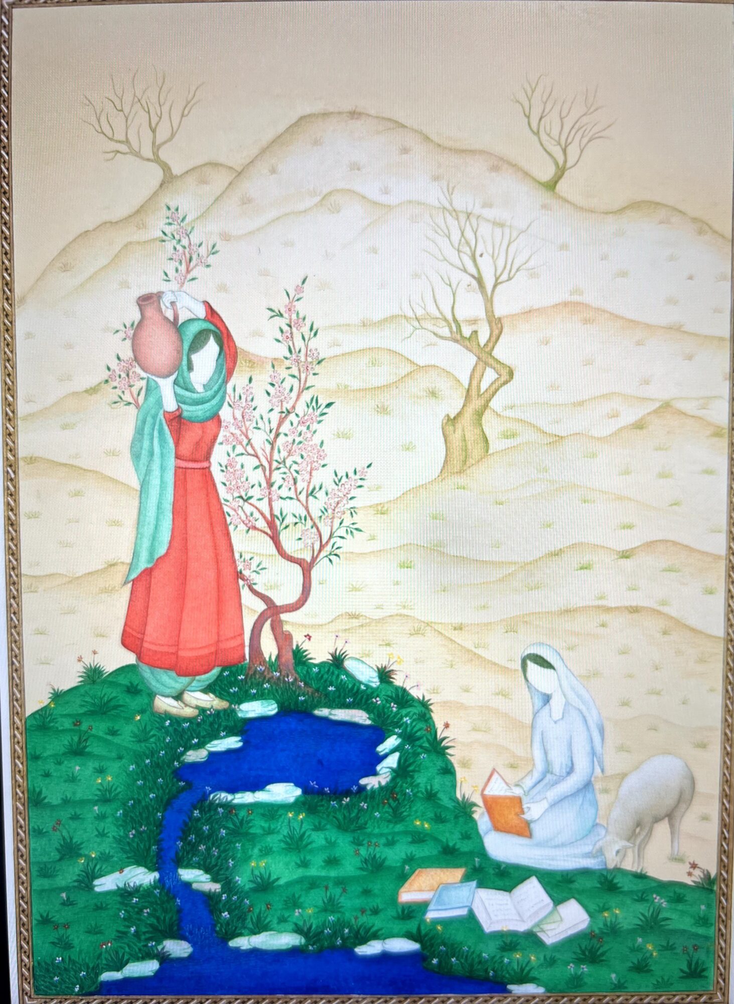 A woman in a red dress and headscarf stands near a small pond with a stream, a woman in white reading, and a sheep nearby.