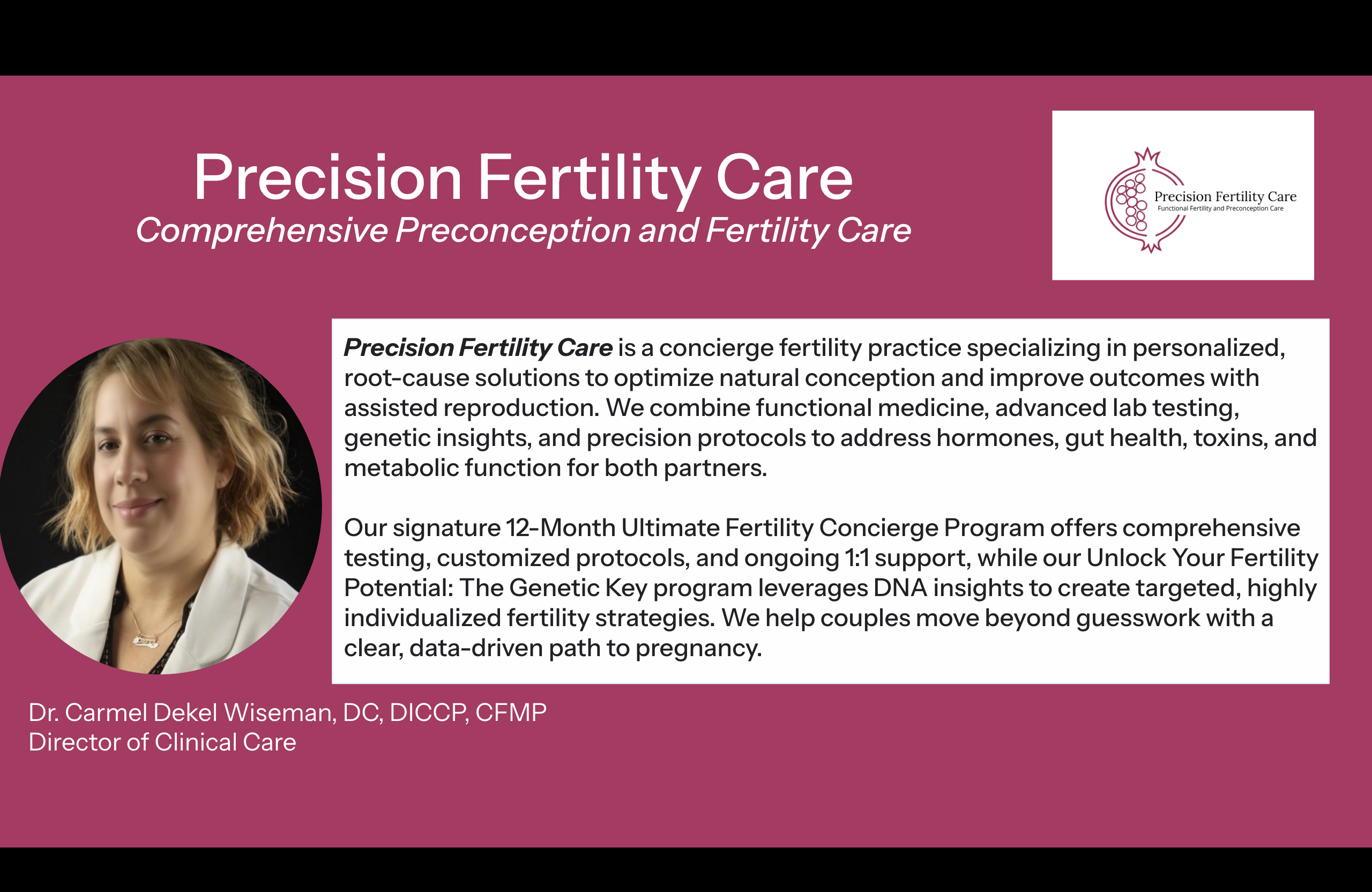 Pink banner with white text about fertility care, a circular photo of a woman, and a logo in the top right corner.