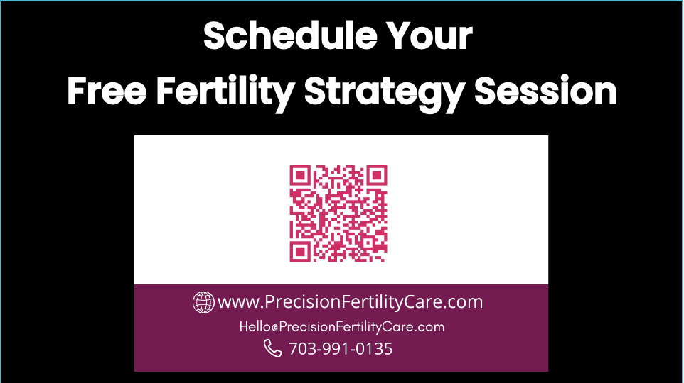Black background with white text promoting a free fertility strategy session, a QR code, website, and contact info, with a purple section at the bottom.