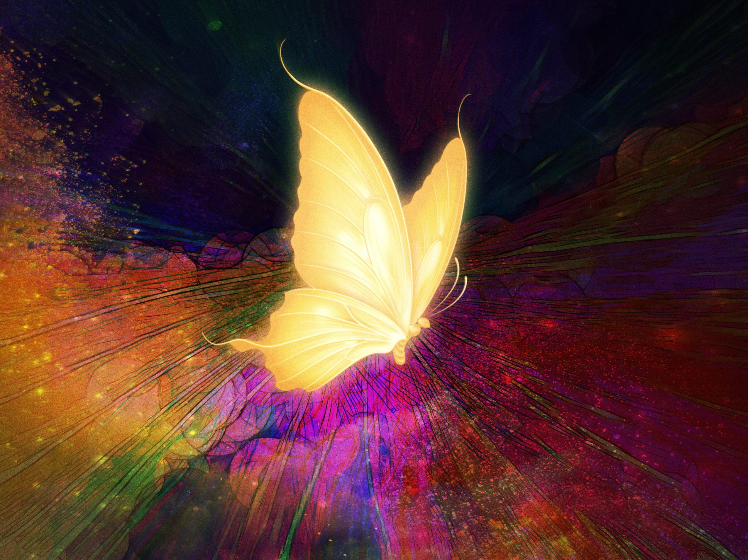 A glowing yellow butterfly with wings spread, set against a colorful abstract background with streaks of purple, red, and green.