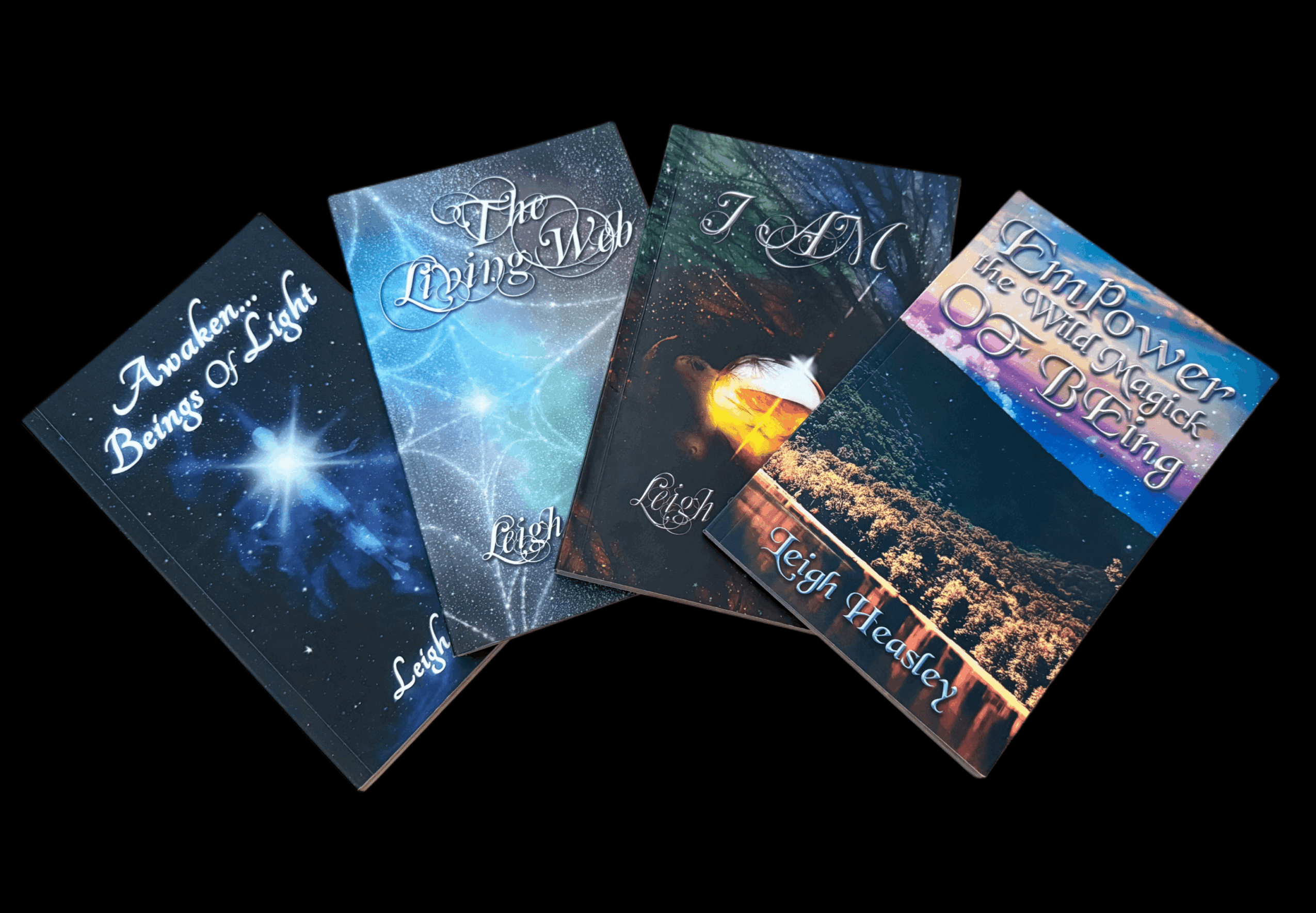 Four booklets with celestial and night sky themes, featuring stars, the moon, and ocean scenes, arranged in a fan shape against a black background.