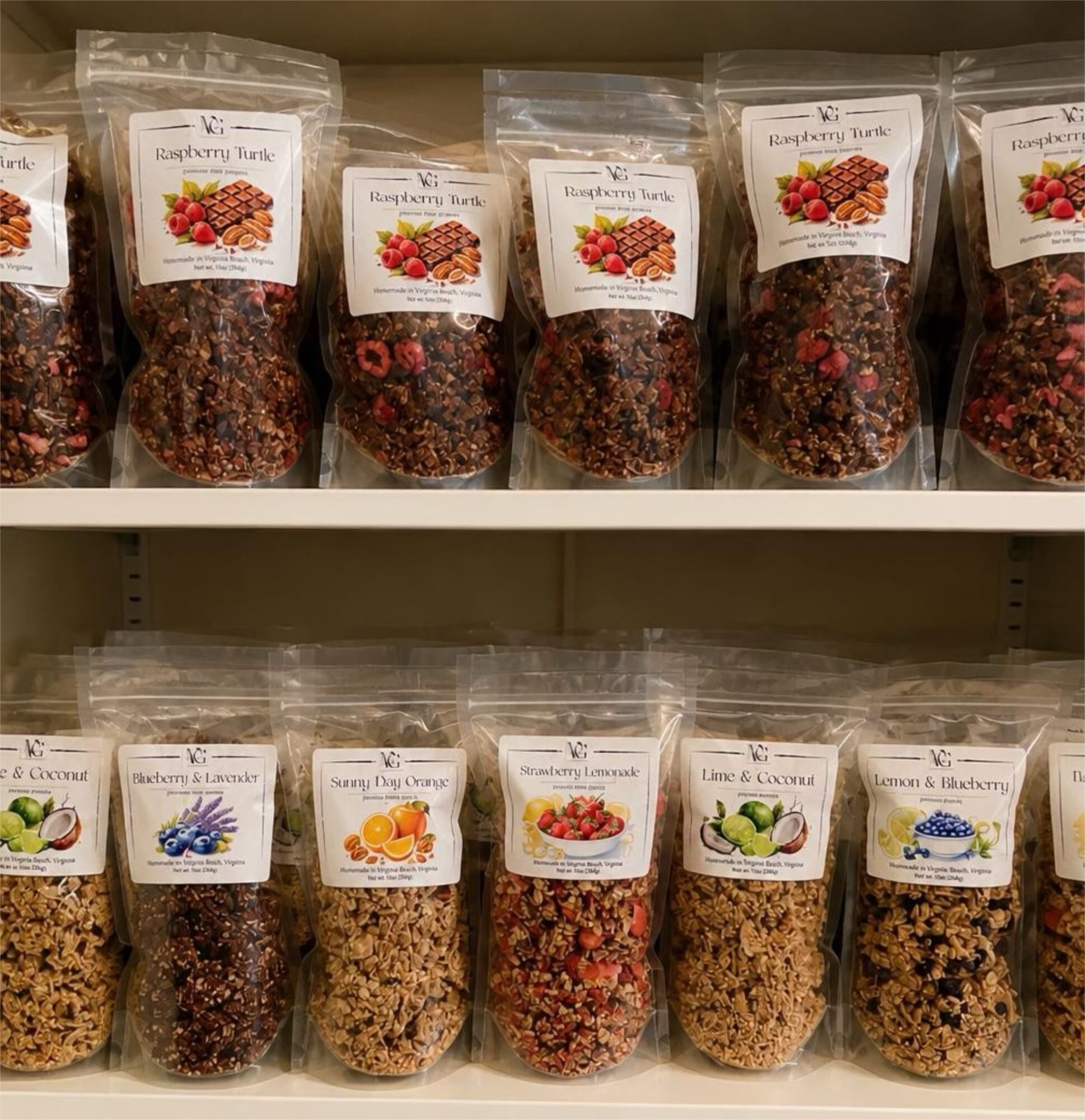 Rows of packaged dried berries and granola on store shelves, with labels indicating flavors like blueberry, strawberry, and lemon.