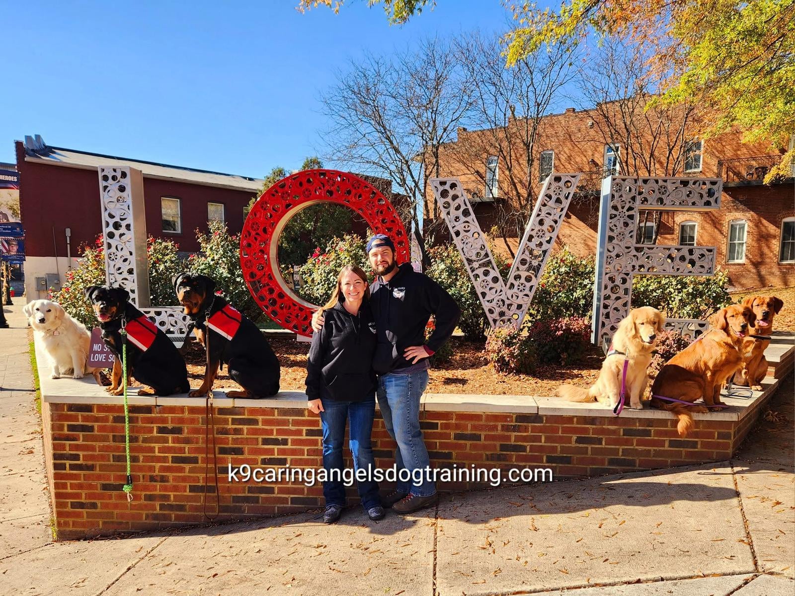 Two people stand in front of a large love sign with dogs sitting on a brick wall, outdoors on a sunny day.