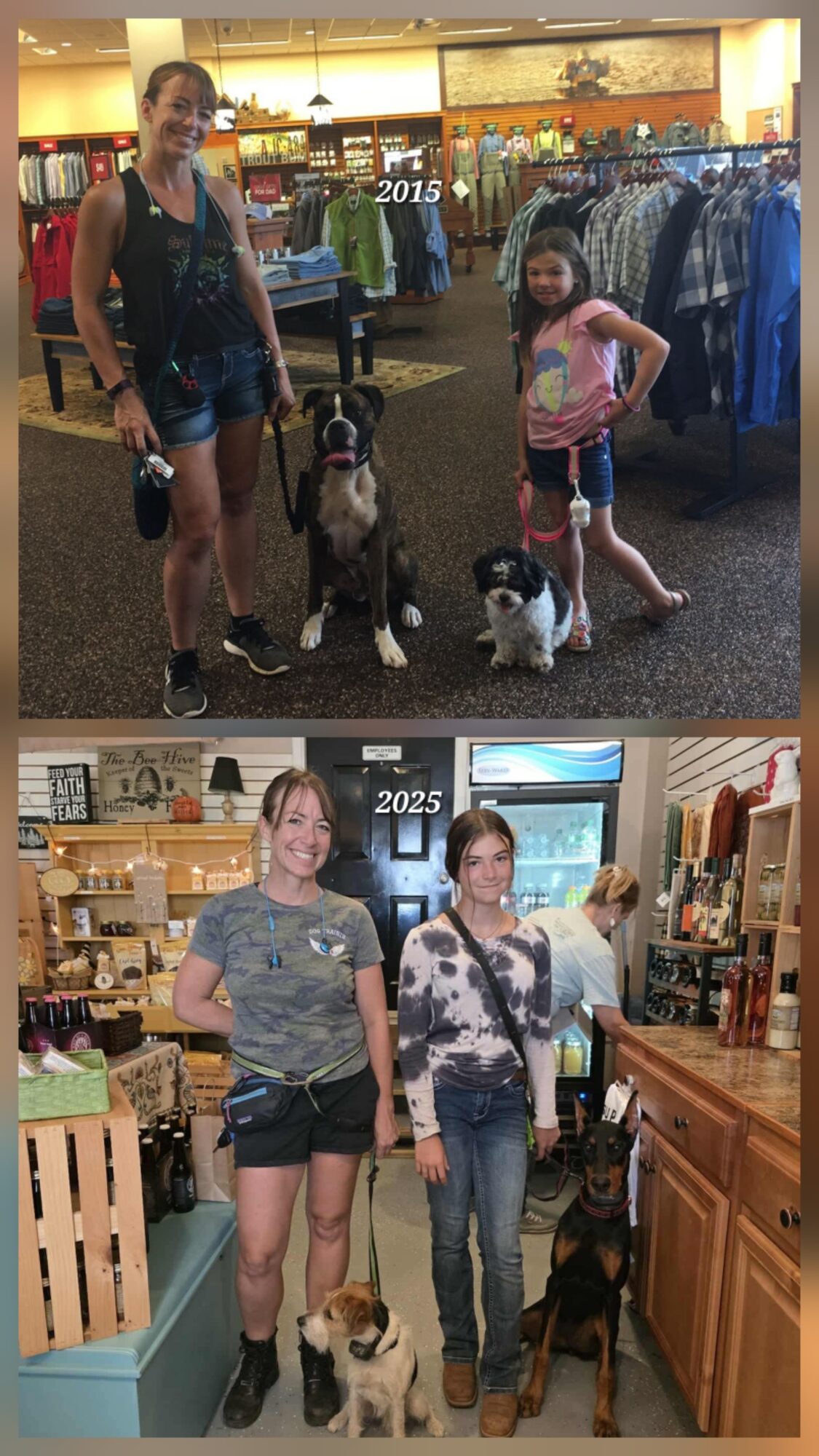 Two women with dogs inside a store, one with a black and white dog, the other with a small dog, shelves in background.