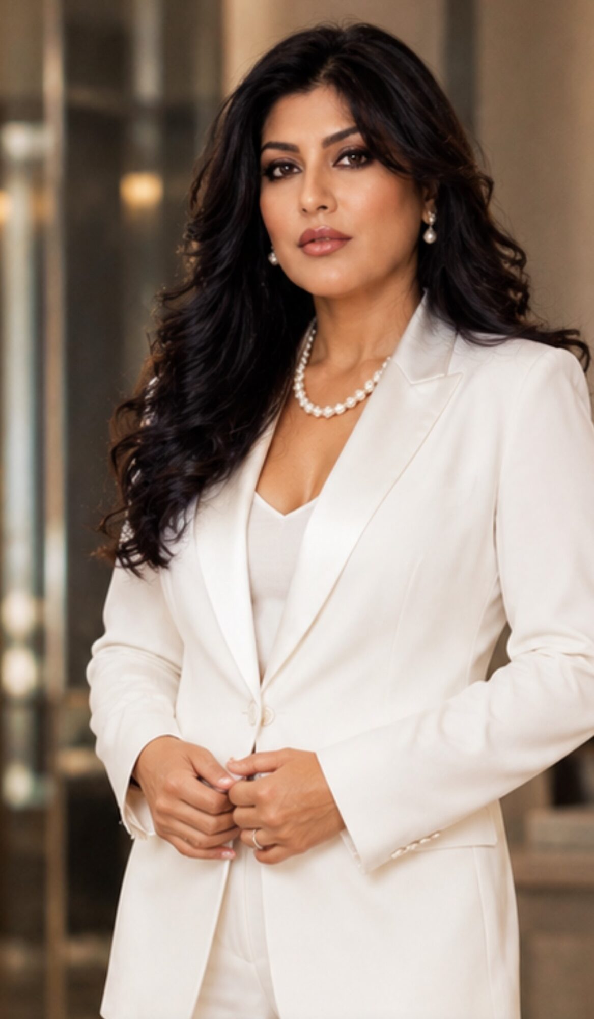 Woman with long dark hair in a white blazer and pearl necklace, standing indoors with blurred background.
