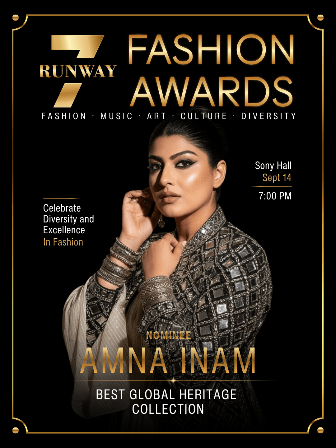 Woman in patterned outfit at fashion awards event, with event details and her name, Amna Inam, displayed.
