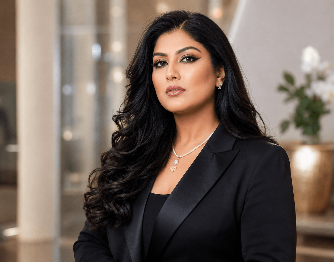 Woman with long dark hair in a black blazer, standing indoors with a blurred background of plants and decor.