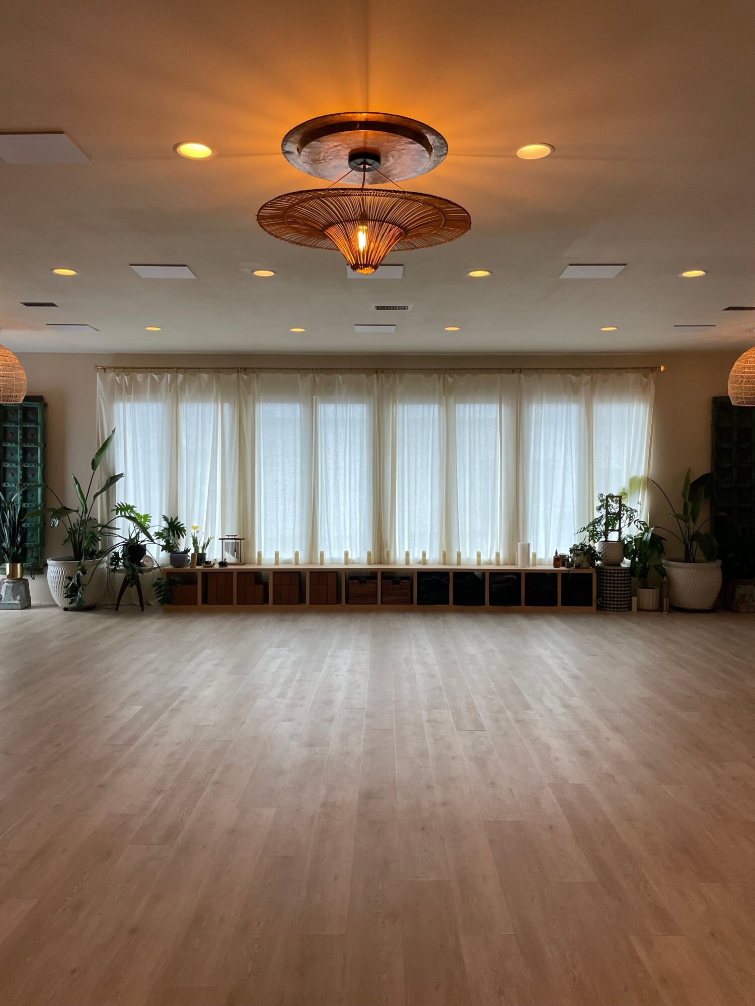 Living room with large window, curtains, plants, and ceiling light fixture, hardwood floor, and natural light.