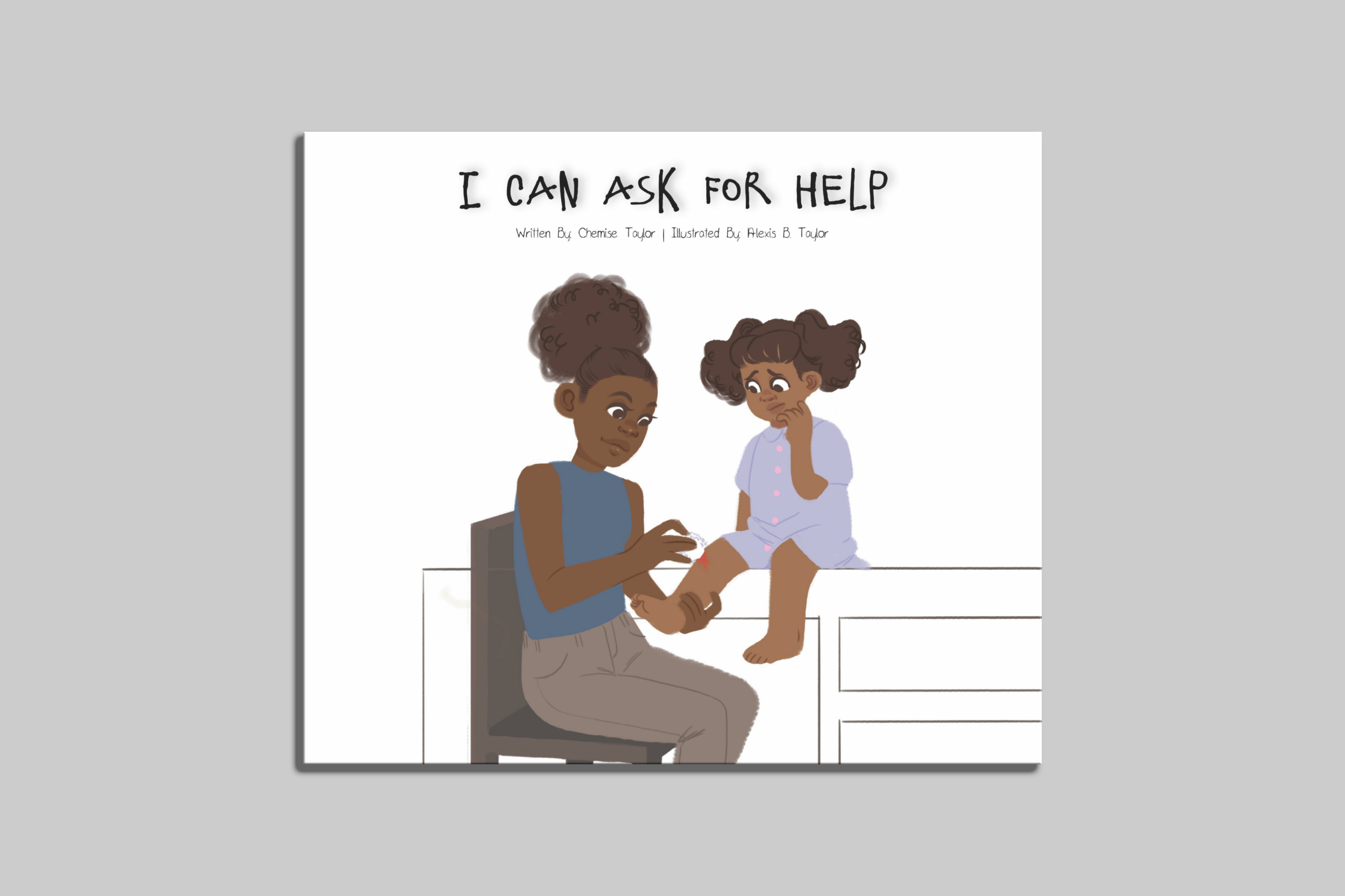 Adult woman with dark hair in a bun helping a young girl with dark hair in pigtails, sitting on a table, holding a phone.