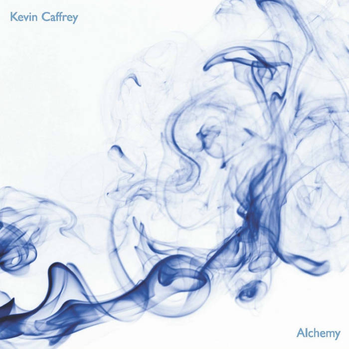 Abstract blue smoke swirls on a white background with text reading 'Kevin Caffrey' and 'Alchemy'.