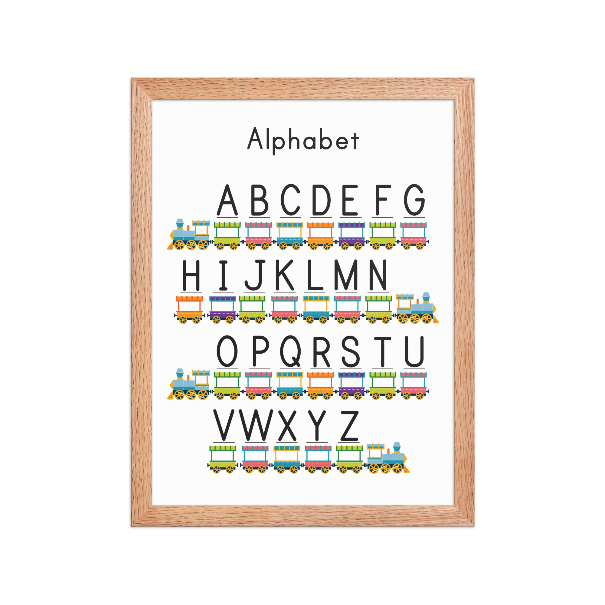 Framed alphabet poster with colorful train illustrations under each row of letters, titled 'Alphabet'.