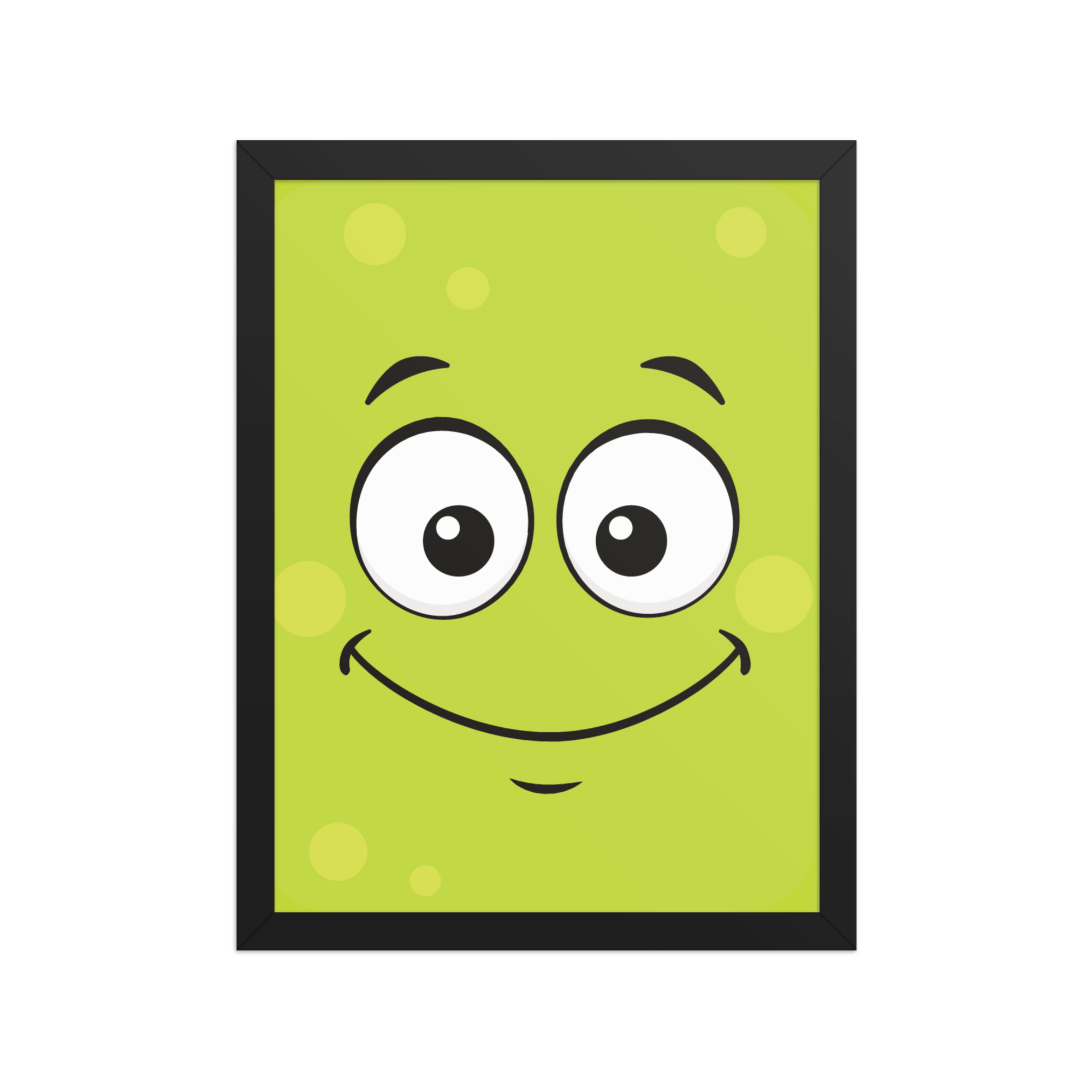 Smiling cartoon face with big eyes on a green background with light green circles, framed in black.