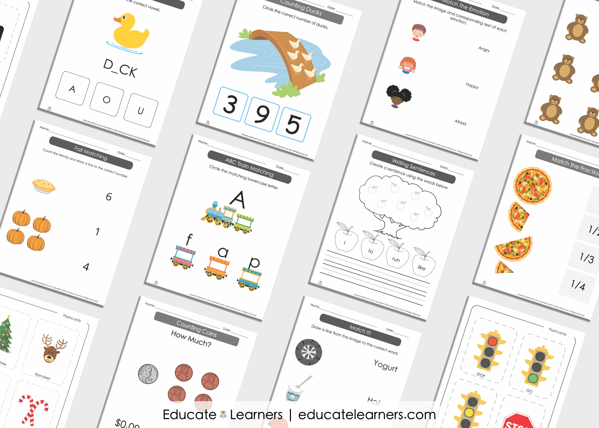 Collection of educational worksheets with animals, numbers, puzzles, and activities for children.