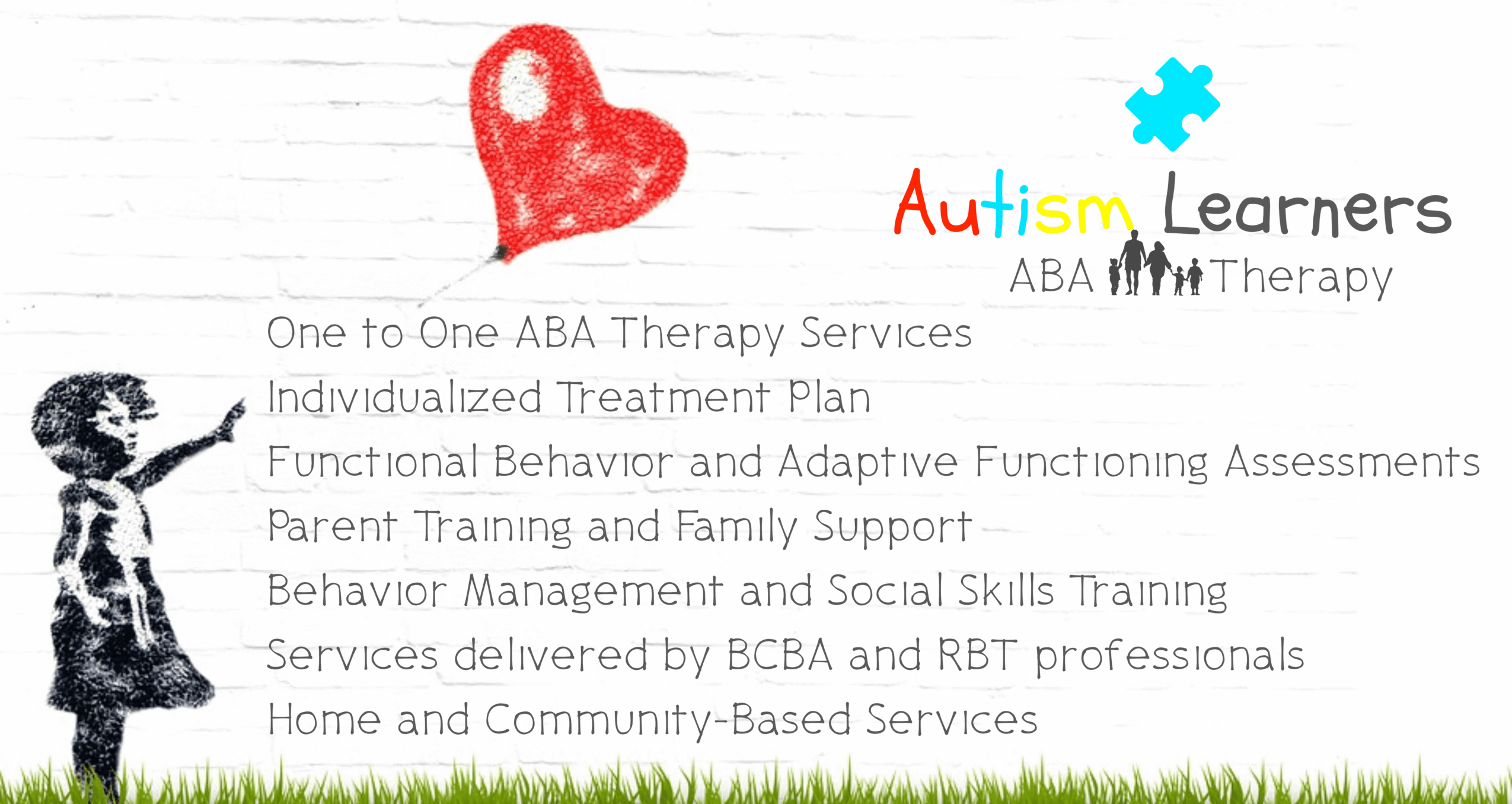 Handwritten note with a red heart, colorful puzzle piece, and green grass, listing ABA therapy services for autism learners.
